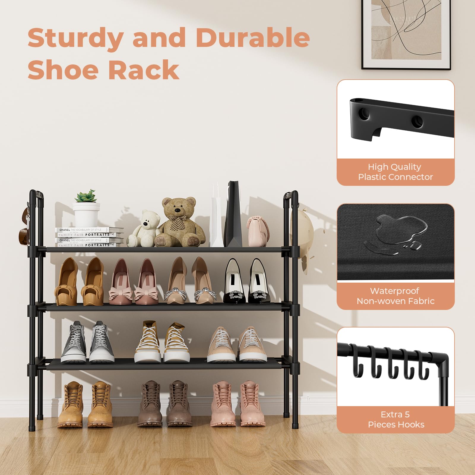 3 Tier Shoe Rack for Closet - Space Saving Shoe Organizer with 5 Hooks, Stackable Free Standing Shoe Shelf for Entryway, Garage, Dorm & Small Spaces - Perfect for Boots, Sneakers & Heels Storage (Black) | Ideal for Home, Office & Apartment Organization