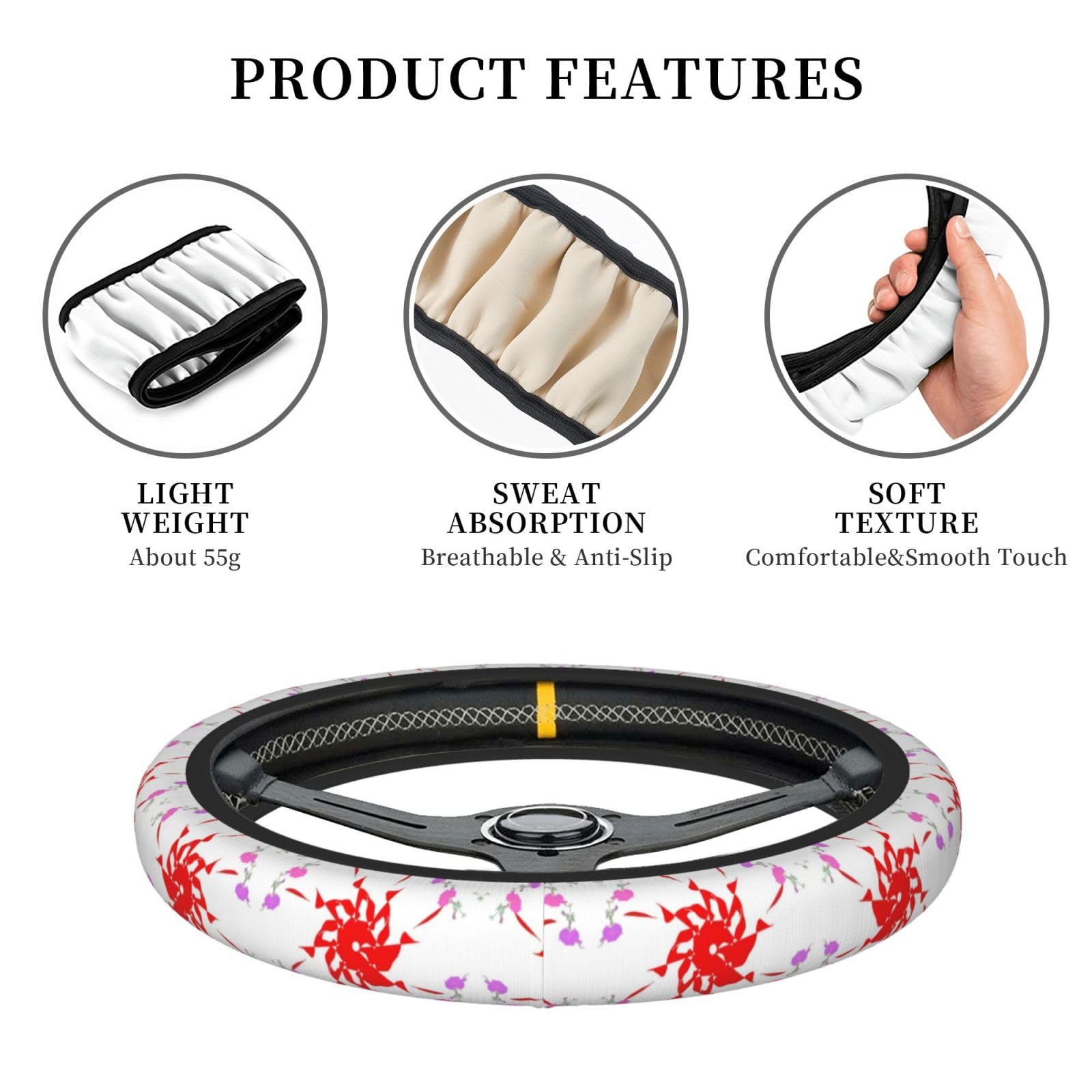 15 Inch Breathable Soft Fabric Steering Wheel Cover with Floral Print - Universal Fit for Most Cars - Comfortable & Non-Slip Grip for Daily Commute & Road Trips