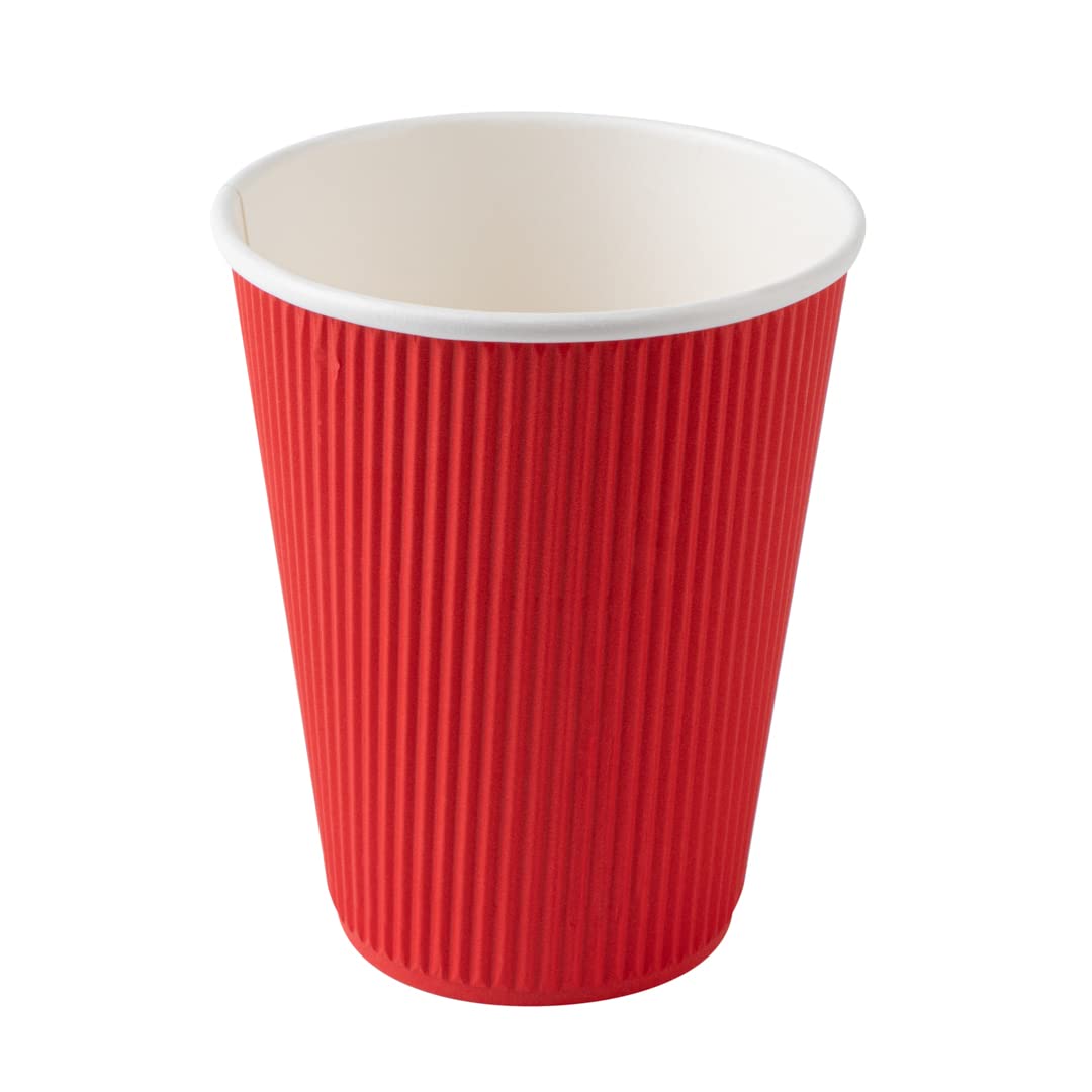 12oz Insulated Coffee Cups with Lids (200 Pack) - Leakproof & Non-Slip Red Disposable Paper Cups for Hot Beverages - Perfect for Coffee, Tea, Hot Cocoa & Lattes in Restaurants, Cafés & Offices