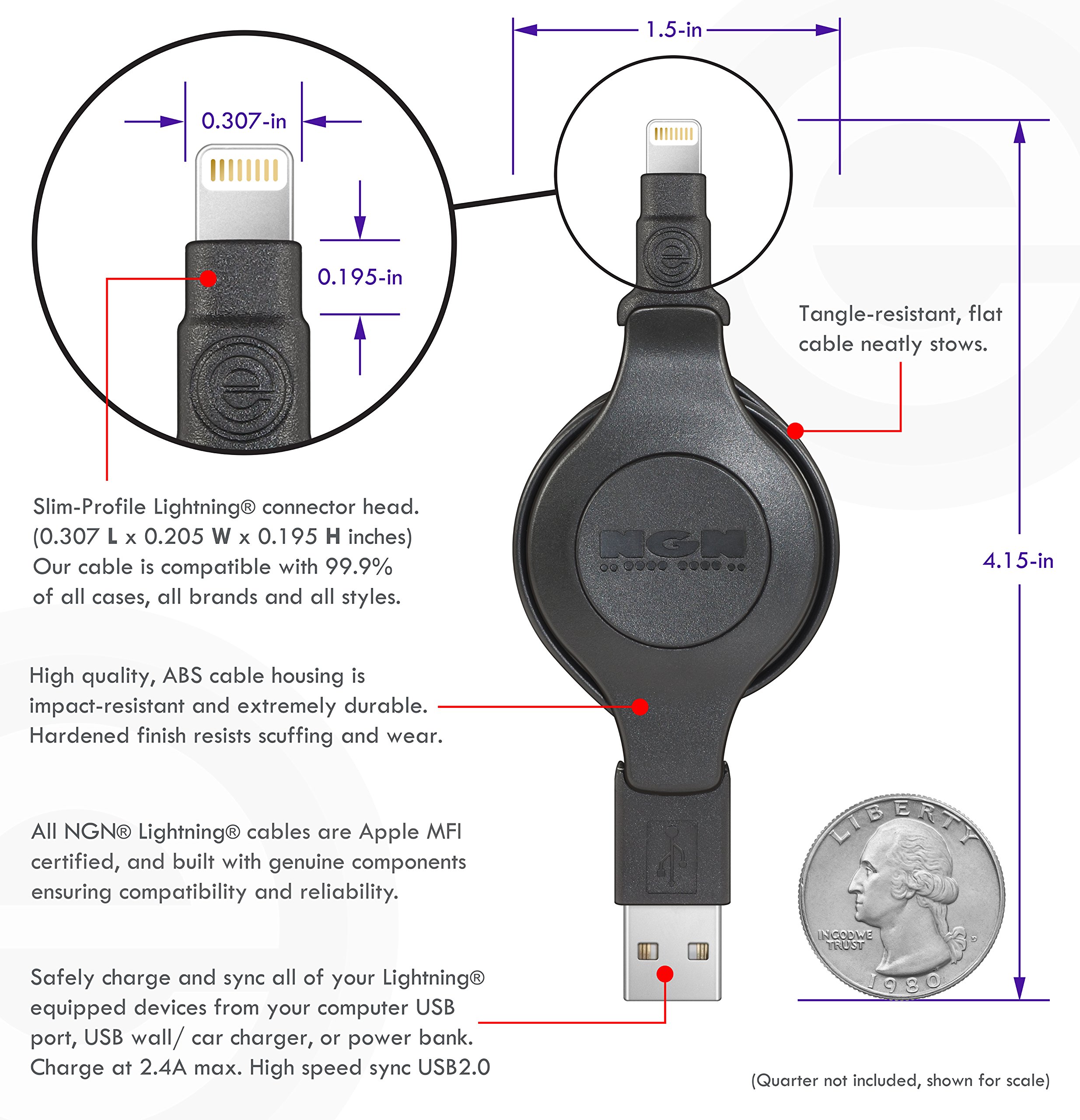 Apple MFi Certified Retractable Lightning to USB Cable (3.5ft) - Fast Charging & Sync for iPhone, iPad - Perfect for Travel, Home & Office Use