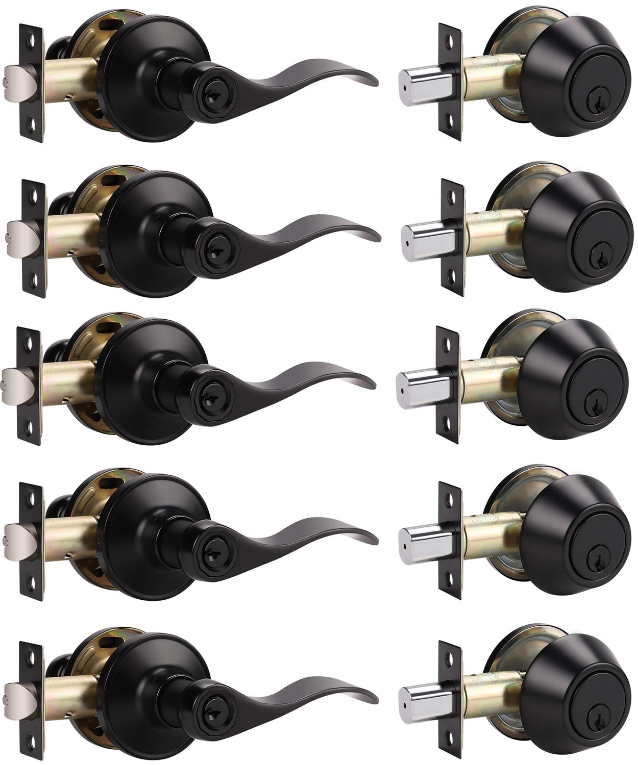 5 Pack Keyed Alike Entry Lever Door Handle & Deadbolt Lock Set - Wave Style Matte Black - Reversible for Left/Right Hand Doors - Ideal for Home, Office & Commercial Front Doors