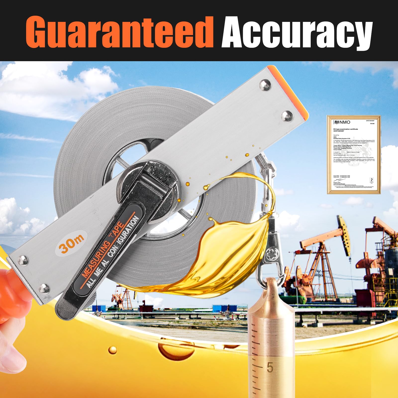 Explosion-Proof Oil Tank Gauging Tape with 560g Brass Plumb Bob & Ground Strap - 20M Stainless Steel Sounding Tape for Fuel Level Measurement | Perfect for Gas Stations, Oil Tanks & Industrial Storage Facilities