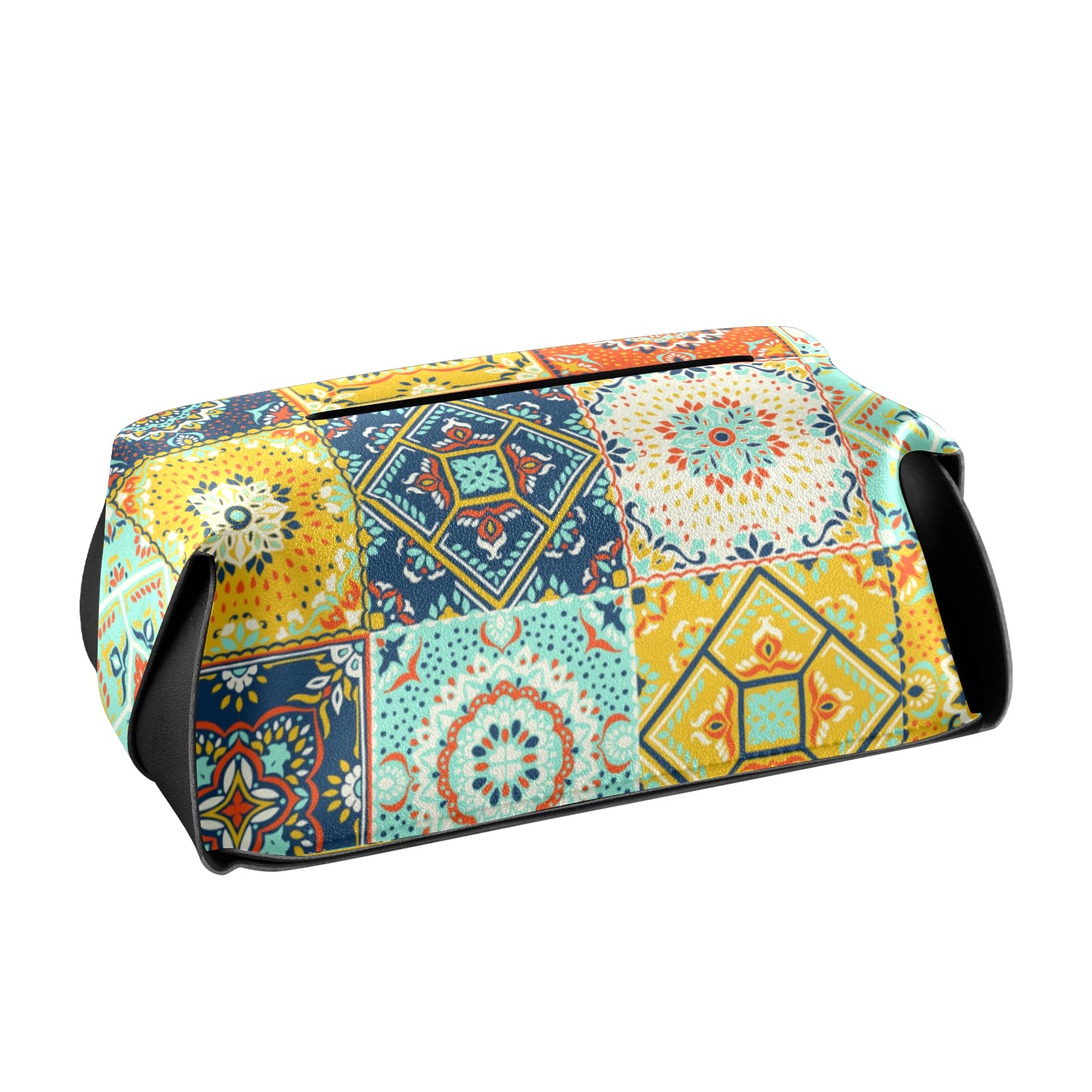 Handcrafted Talavera Indian Ceramic Mosaic Tile Leather Tissue Box Cover - 9.4x5.1x3.6 Inches - Ethnic Rectangle Design with Handle for Bathroom, Home, Office & Car | Perfect for Nightstands, Vanity Countertops & Desks