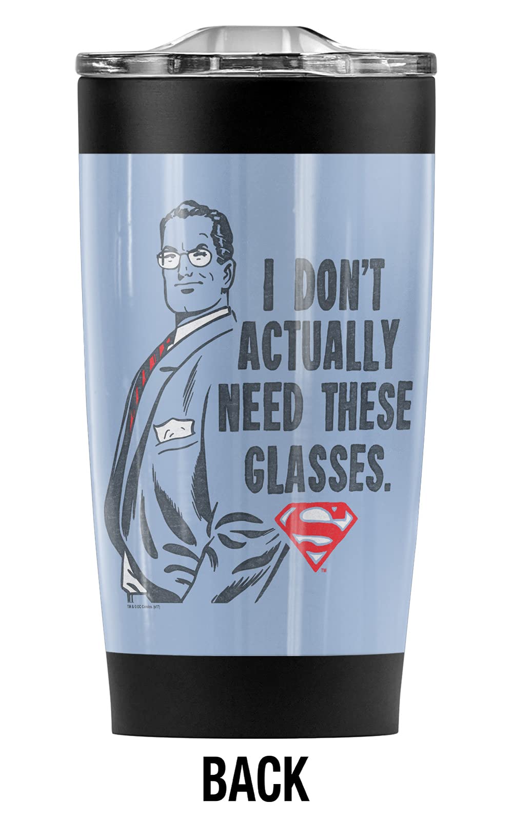 Superman Don't Need Glasses 20 oz Stainless Steel Tumbler - Vacuum Insulated Travel Mug with Leakproof Lid - Keeps Hot & Cold Beverages Perfect Temperature - Ideal for Coffee, Tea, Iced Drinks at Home, Office, Gym or Outdoor Adventures