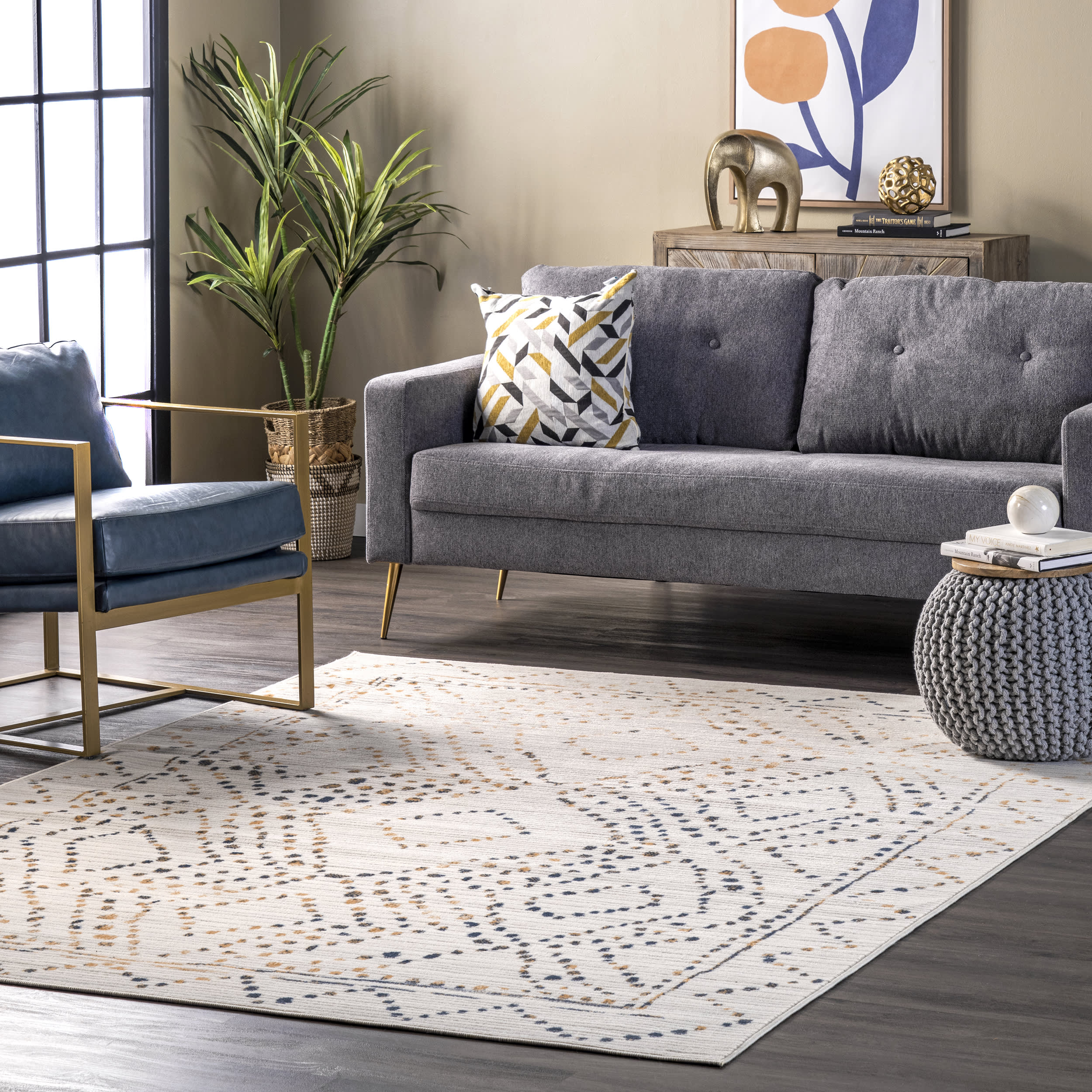Dotted Diamond Trellis Area Rug - Soft Beige Bohemian Design for Living Room, Bedroom & Nursery | Non-Slip & Easy to Clean