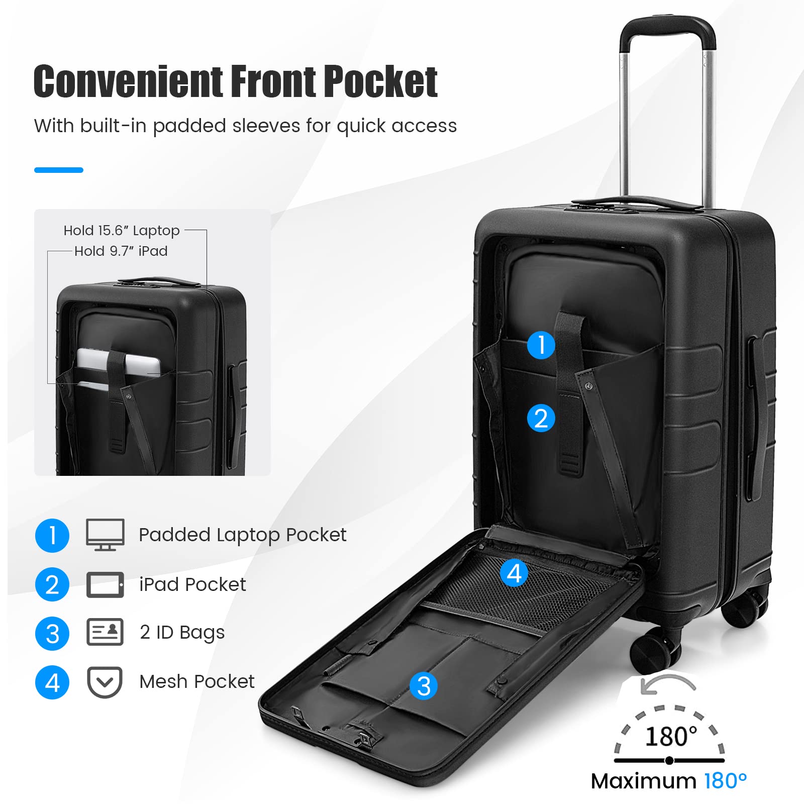 Goplus 20 Inch Hardside Carry On Luggage with USB Charging Port & TSA Lock - Lightweight PC Suitcase with Spinner Wheels, Front Pocket & Foldable Tabletop for Business Travel, Airplane Cabin & Weekend Getaways