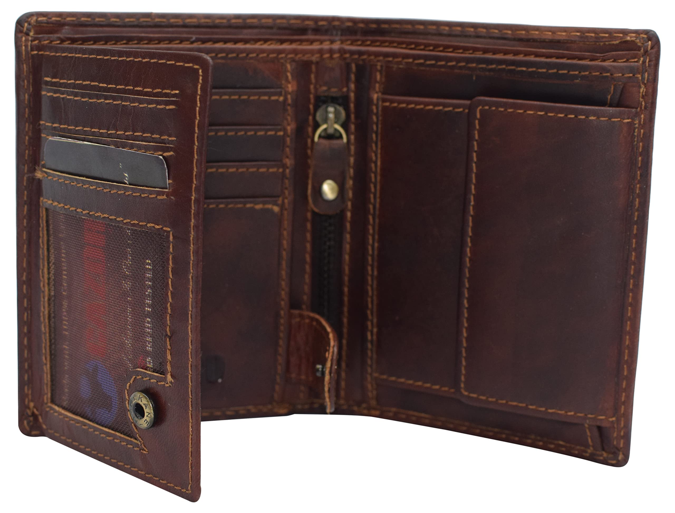 Genuine Vintage Leather RFID Wallet for Men - Bifold & Trifold Design with Snap Closure & 2 ID Windows - Large Capacity Card Holder (Vintage Brown) | Perfect for Everyday Use, Travel & Business
