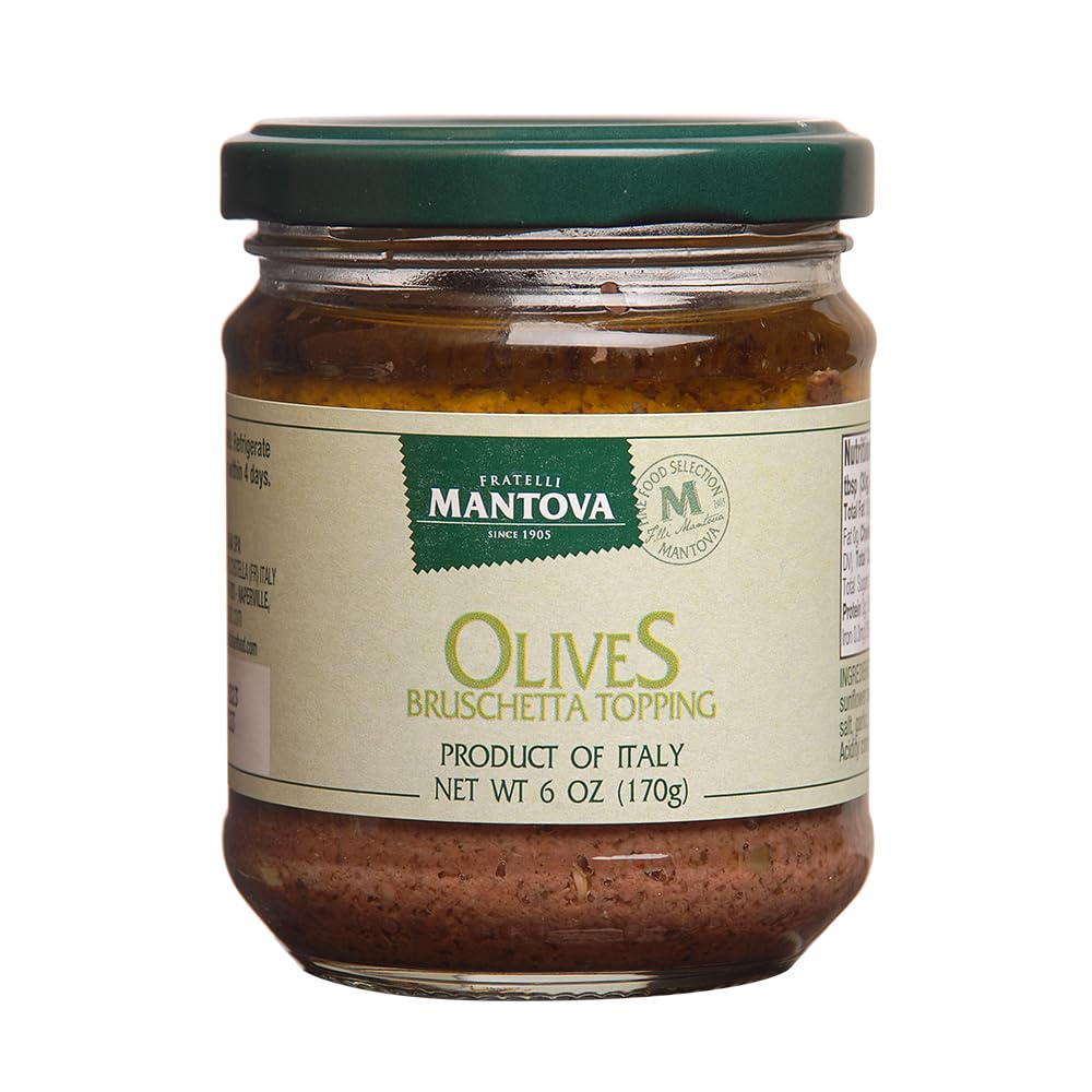 Mantova Premium Bruschetta Topping with Olives, 6 Ounce (Pack of 6) – Perfect for Italian Appetizers, Bread Spreads & Party Platters