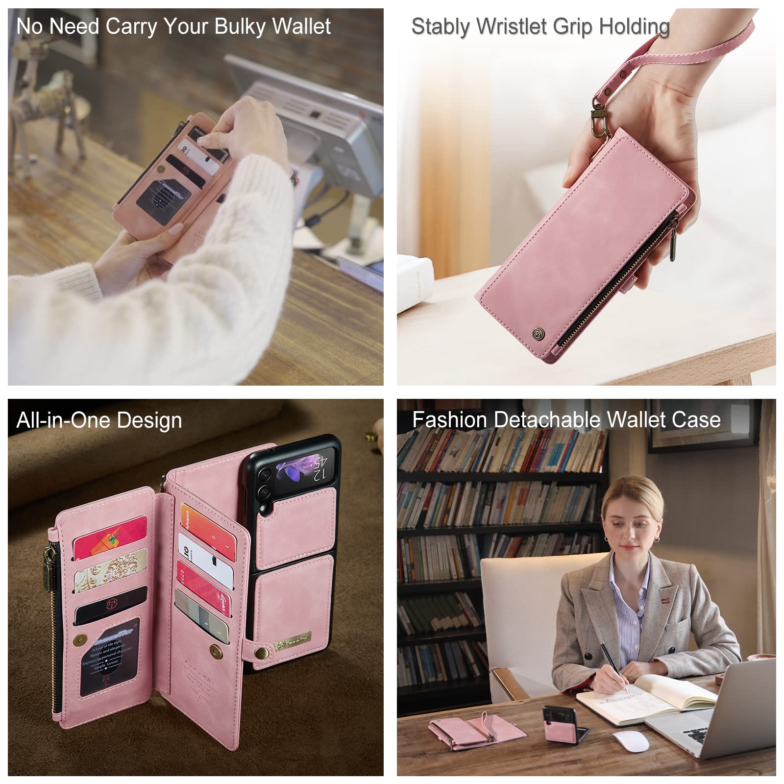 Samsung Galaxy Z Flip 3 Wallet Case with RFID Blocking Card Holder - Detachable PU Leather Magnetic Flip Cover with Zipper Strap | Perfect for Everyday Use, Travel & Business (Rose Pink)
