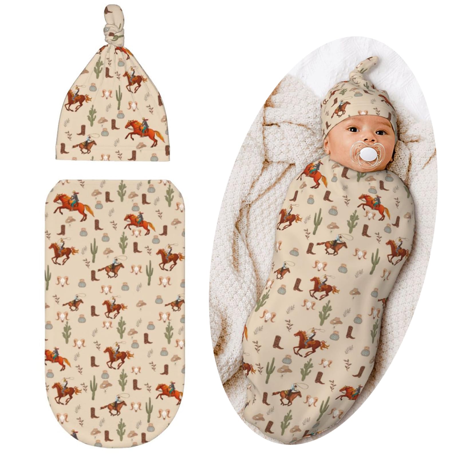 Western Swaddle Blanket for Baby - Soft Cotton Swaddling Sleeping Sacks with Hat | Unisex Newborn Essentials for Nursery, Travel & Photo Shoots | Perfect Baby Shower Gift