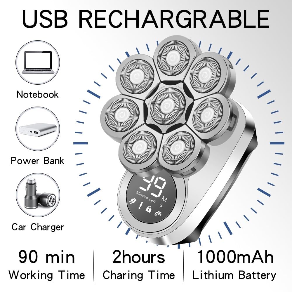 6-in-1 Electric Head Shaver for Bald Men - USB Rechargeable Wet/Dry Shaver with LED Display & Nose Trimmer - Fast Charging Cordless Grooming Kit for Smooth Head Shaving at Home or Travel