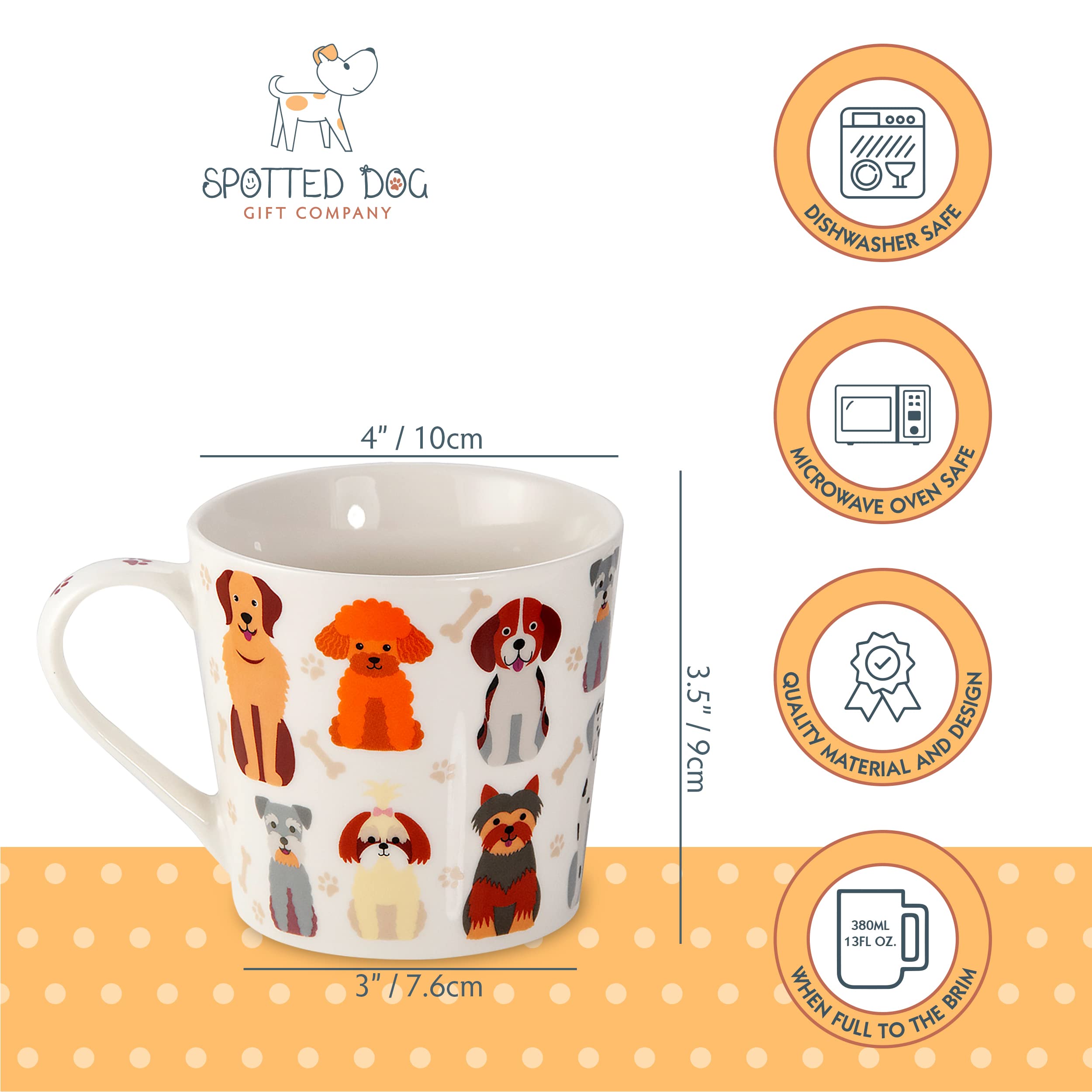 Spotted Dog Gift Company 13 oz Ceramic Coffee Mug Set - 4 Cute Dog-Themed Porcelain Tea Cups for Dog Lovers, Perfect Gift for Women & Men - Ideal for Coffee, Tea, Hot Chocolate at Home or Office