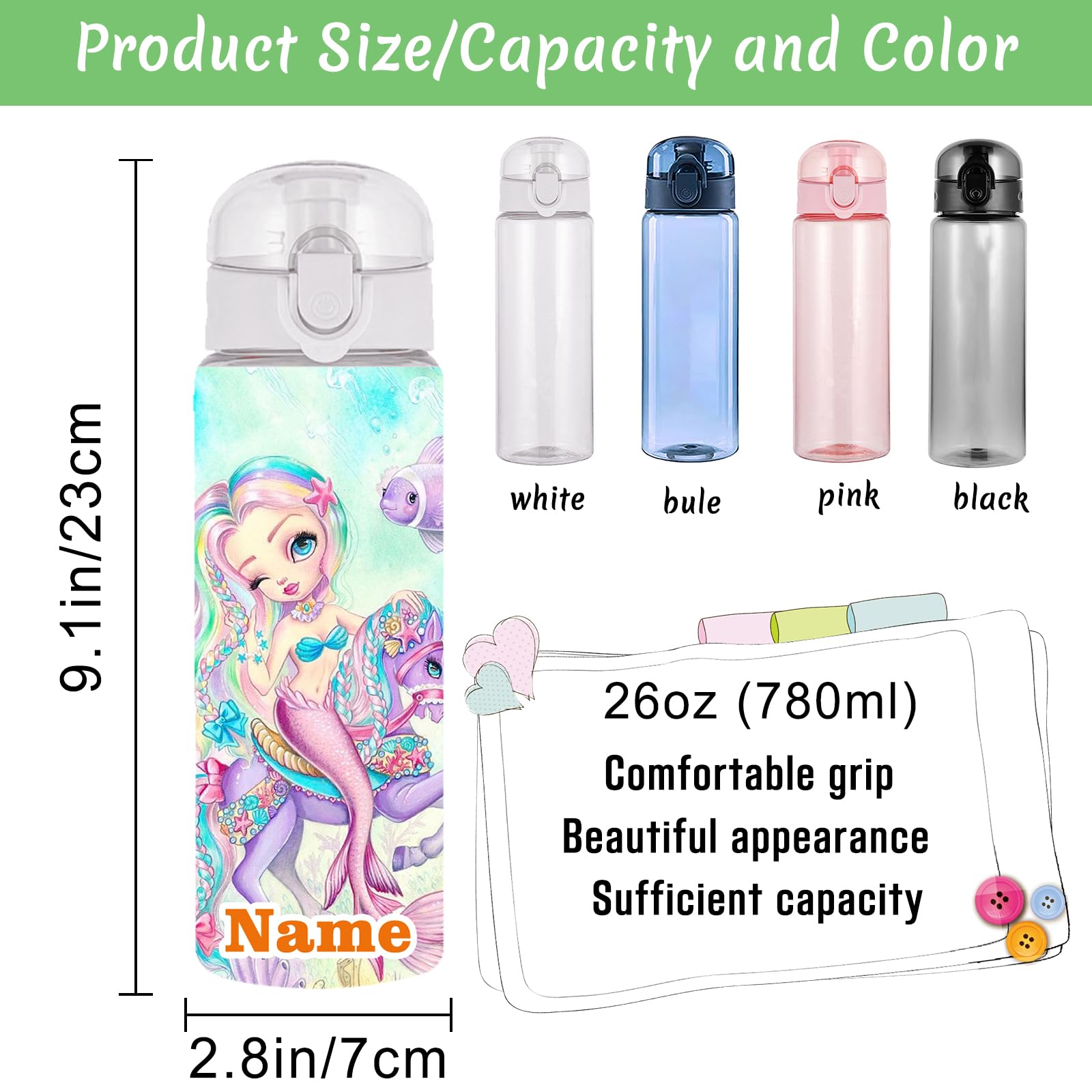 Custom 26oz Personalized Water Bottle with Lid - Leakproof, BPA-Free, Non-Toxic Plastic Bottle with Name - Ideal for School, Sports, Gym, Office & Outdoor Activities