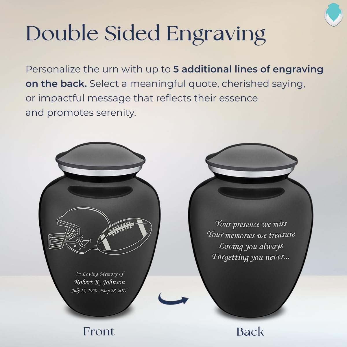 Personalized Football Cremation Urn for Ashes - Large Charcoal Funeral Urn for Men & Women with Double-Sided Engraving (Holds 200 lbs) - Perfect for Memorializing Sports Lovers & Honoring Loved Ones