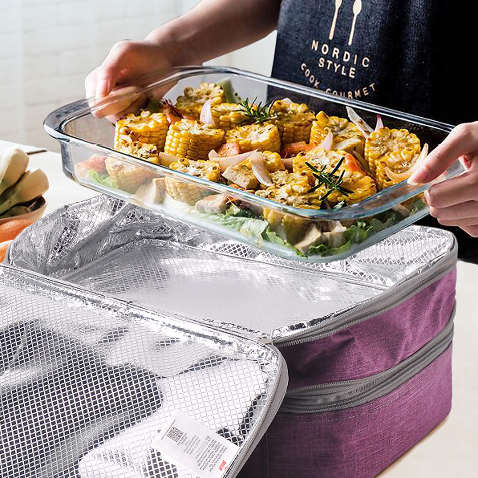 MIER Insulated Double Casserole Carrier - Thermal Lunch Tote for Potluck Parties, Picnics & Beach Outings - Fits 9x13 Inch Dishes with Expandable Mid Zipper - Purple | Perfect for Family Gatherings, Office Lunches & Outdoor Adventures