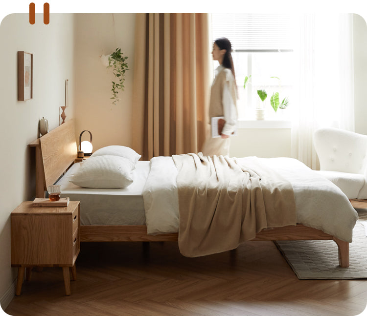 Solid Oak Rubber Wood Bed - Modern Nordic Style Queen/King Size Bed Frame for Bedroom, Living Room & Guest Room