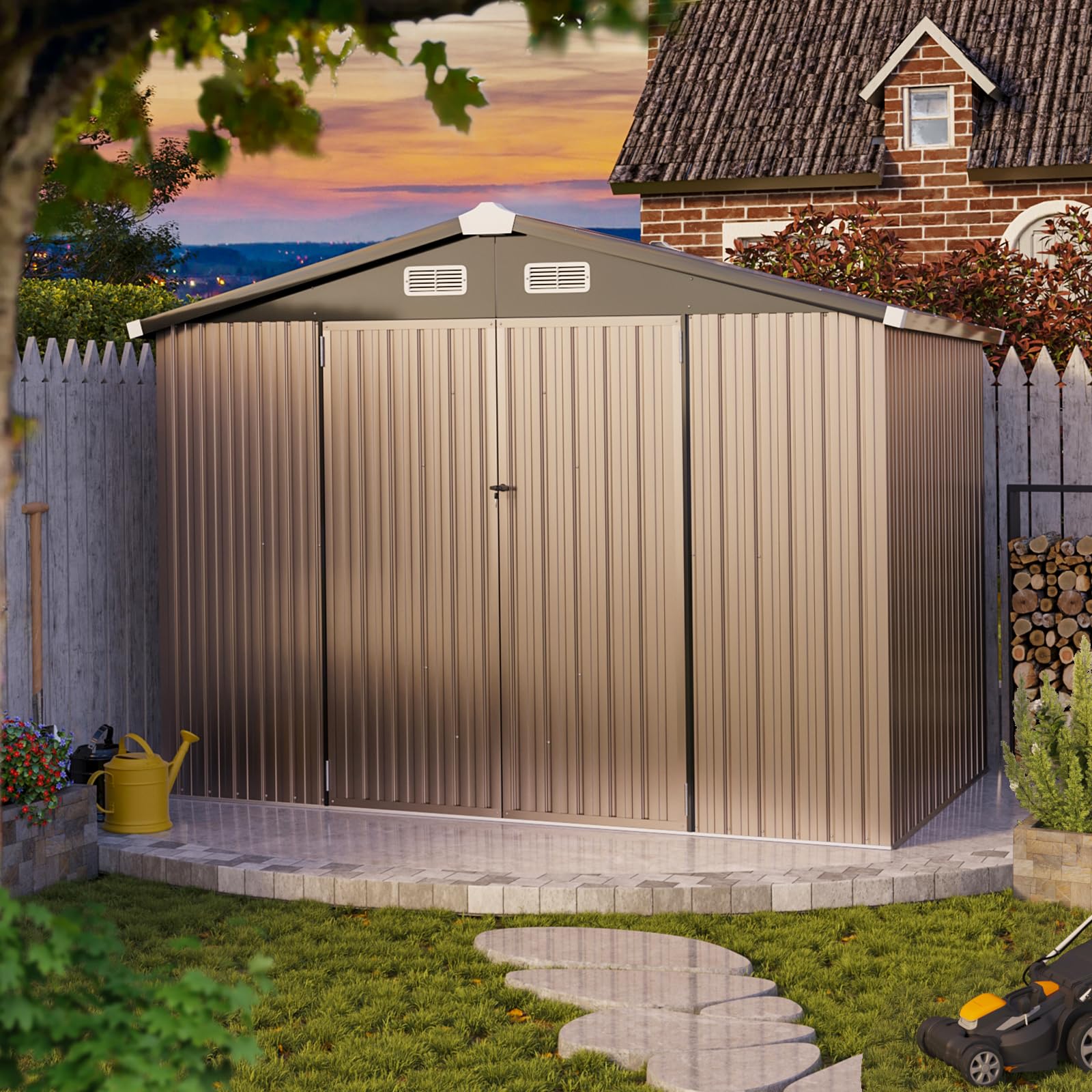 8x5.6ft Outdoor Storage Shed with Base - Heavy Duty Metal Garden Shed for Lawn Mower, Bike, Tools | Lockable Door for Backyard, Patio & Garage Organization | Weatherproof Outdoor Storage Solution