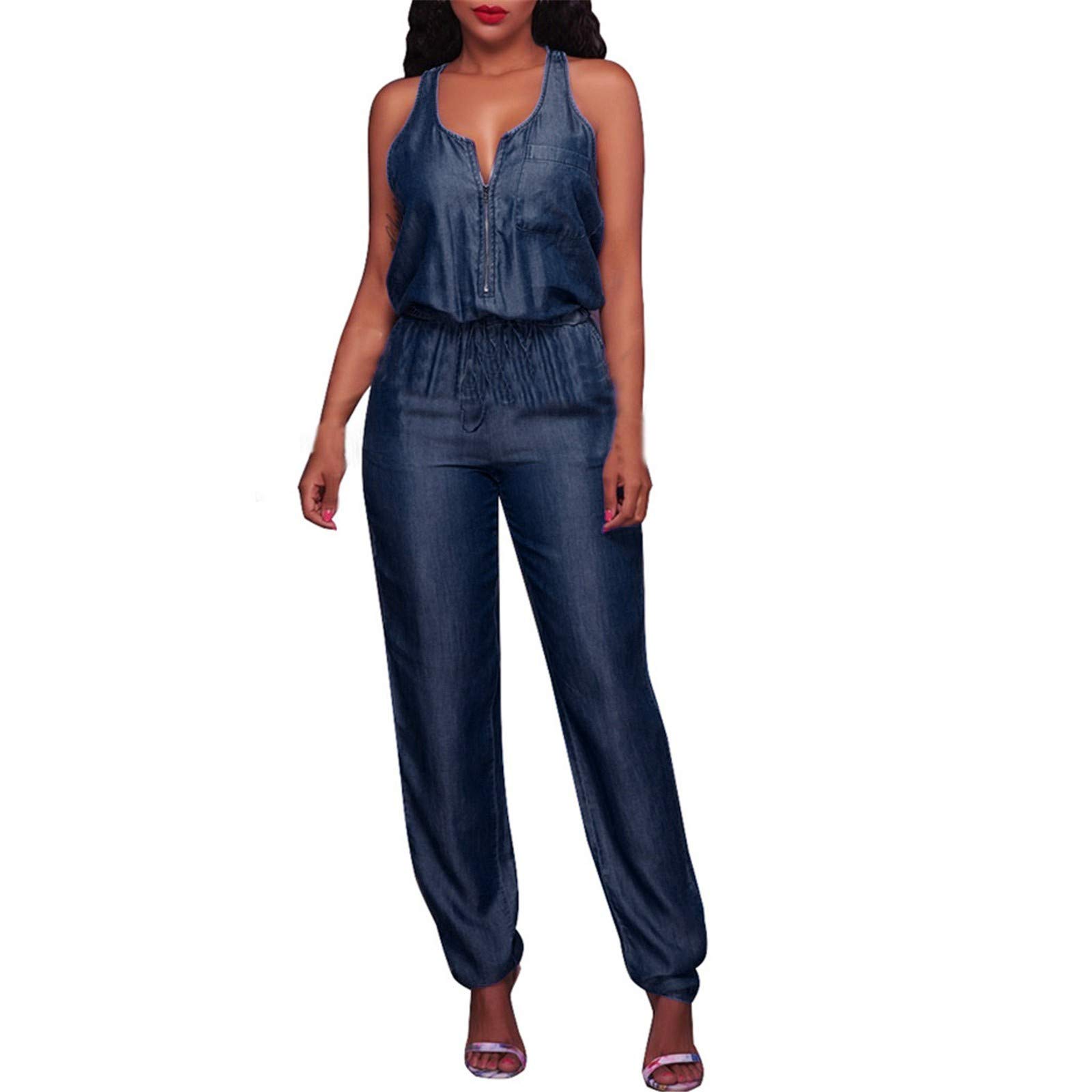 Women's Denim Romper Jumpsuit - Sleeveless Casual Pocket Off Shoulder Jumpsuit for Summer Outfits, Beach Wear & Party Dresses