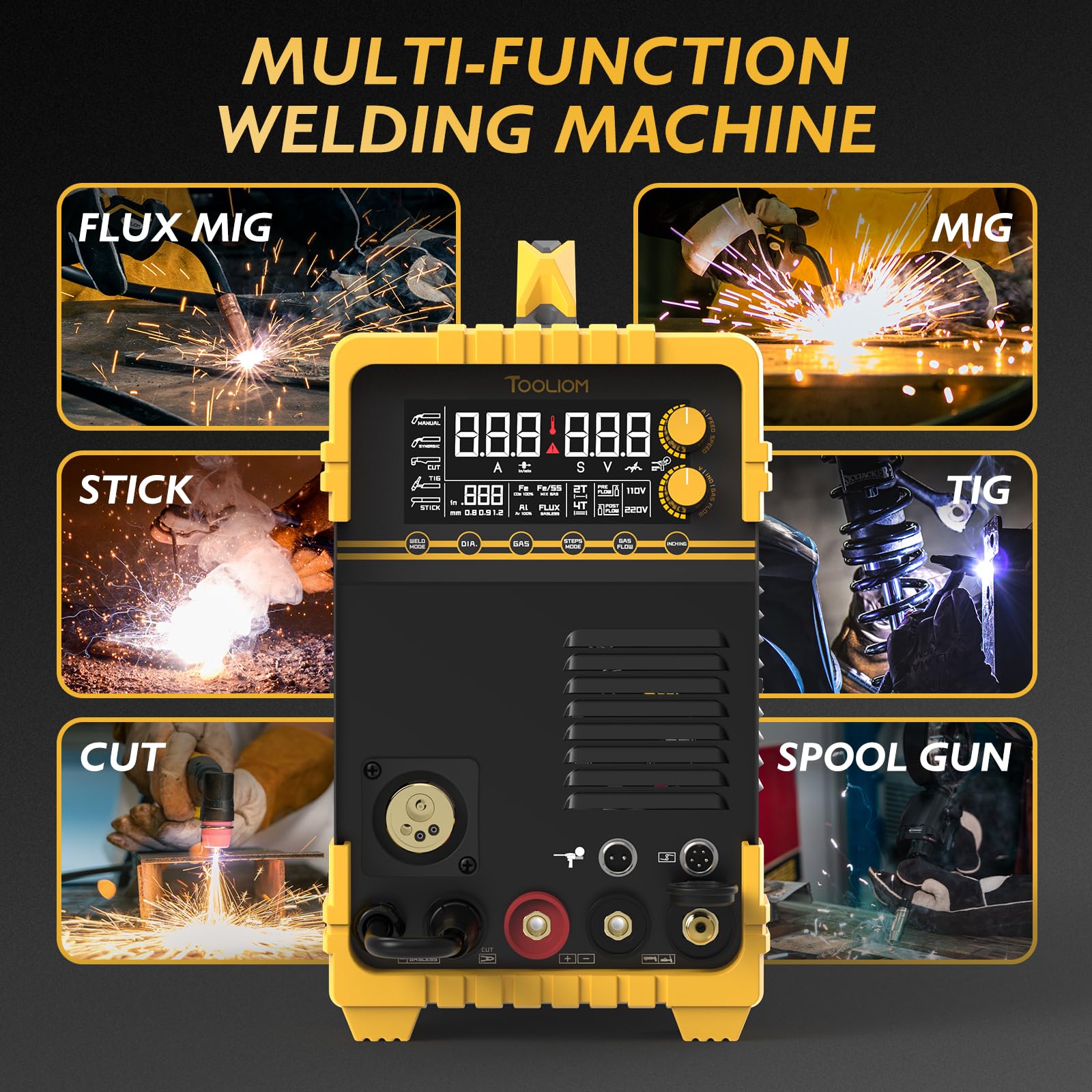 TOOLIOM 5-in-1 MIG TIG Stick Plasma CUT Welding Machine - 110V/220V Dual Voltage Aluminum Welder with Spool Gun Compatibility - Perfect for Home DIY, Auto Repair & Metal Fabrication
