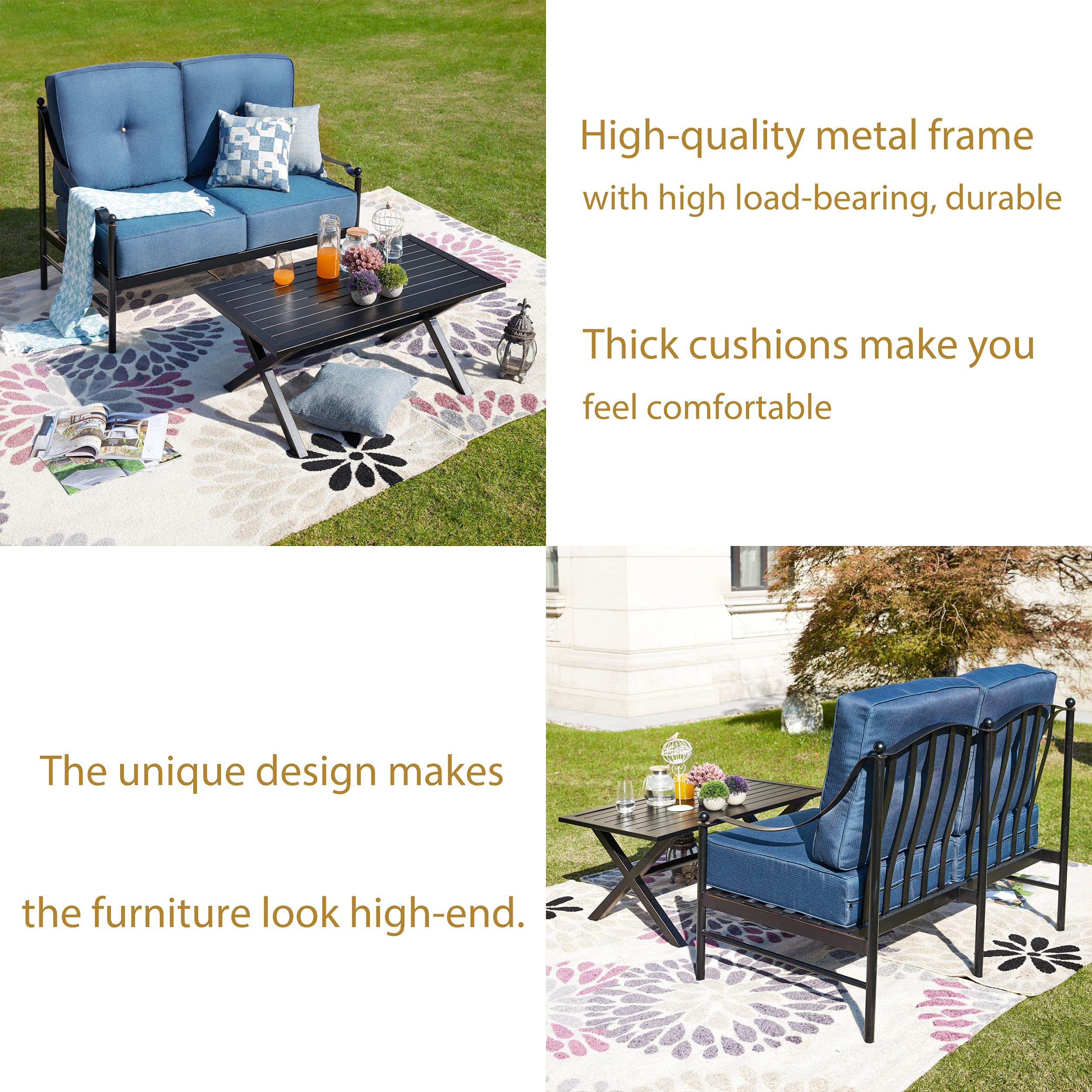 LOKATSE HOME 2-Piece Outdoor Patio Loveseat Set with X-Leg Coffee Table - Waterproof Cushioned Conversation Furniture for Garden, Yard, Porch, Poolside (Blue) | Perfect for Relaxing, Entertaining Guests, and Enjoying Summer Evenings