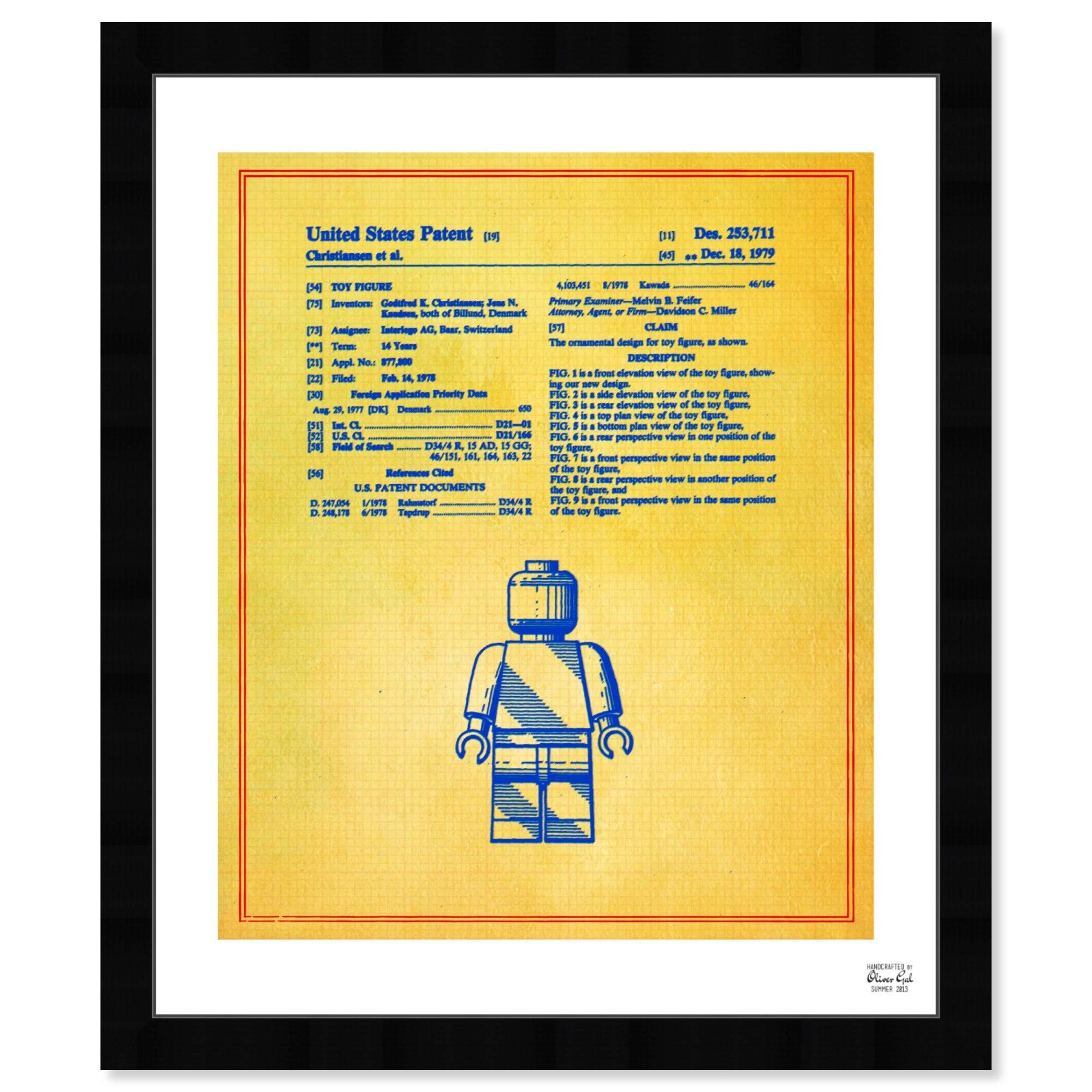 Vintage Lego Toy Figure #3 1979 Wall Art Print - Colorful Framed Blueprint Home Decor - 15x18 Inches Yellow & Blue - Perfect for Playrooms, Offices & Retro Themed Spaces