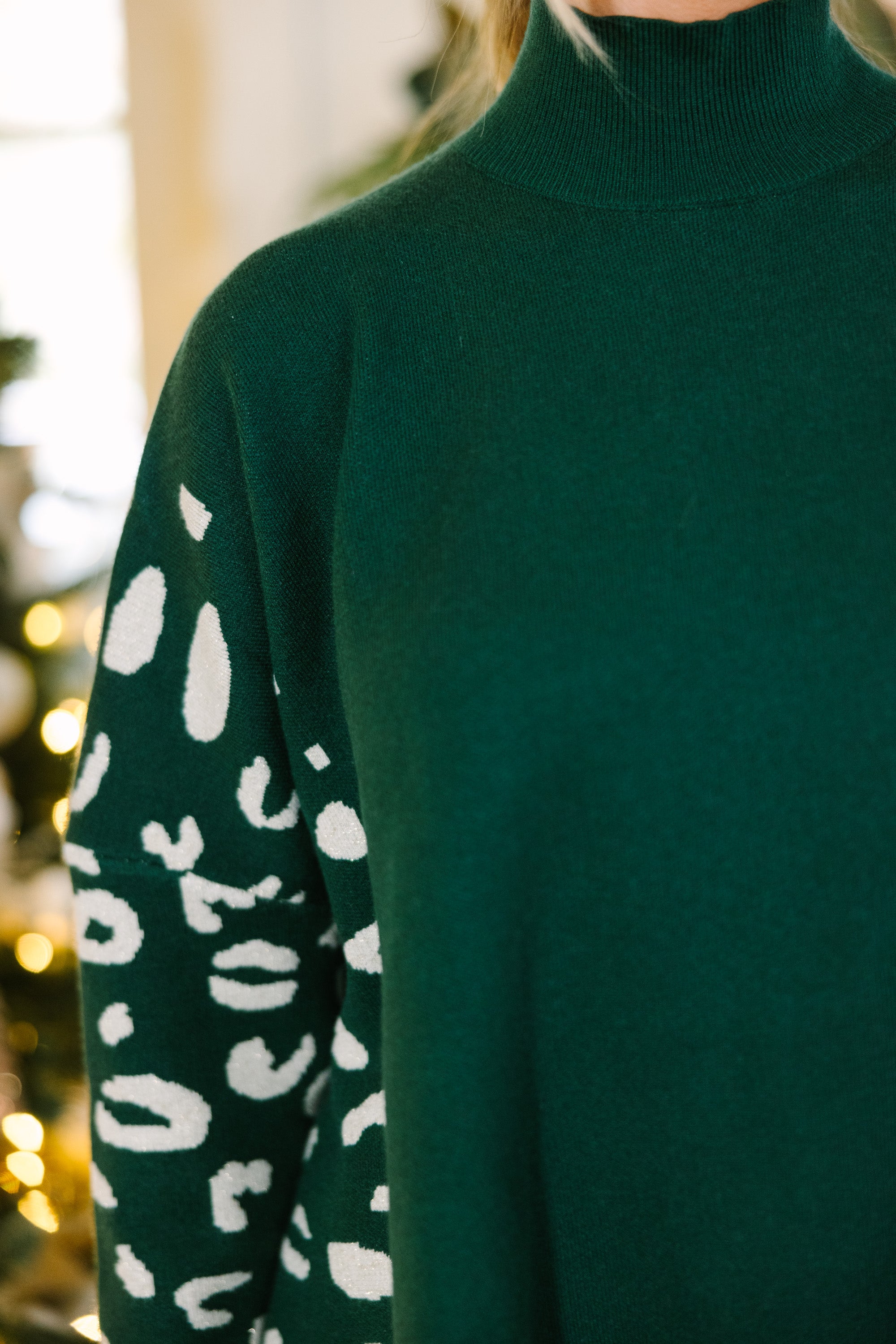 All In Theory Emerald Green Leopard Print Sweater Tunic for Women | Stylish Long Knit Top for Casual Outings, Office Wear & Fall Fashion