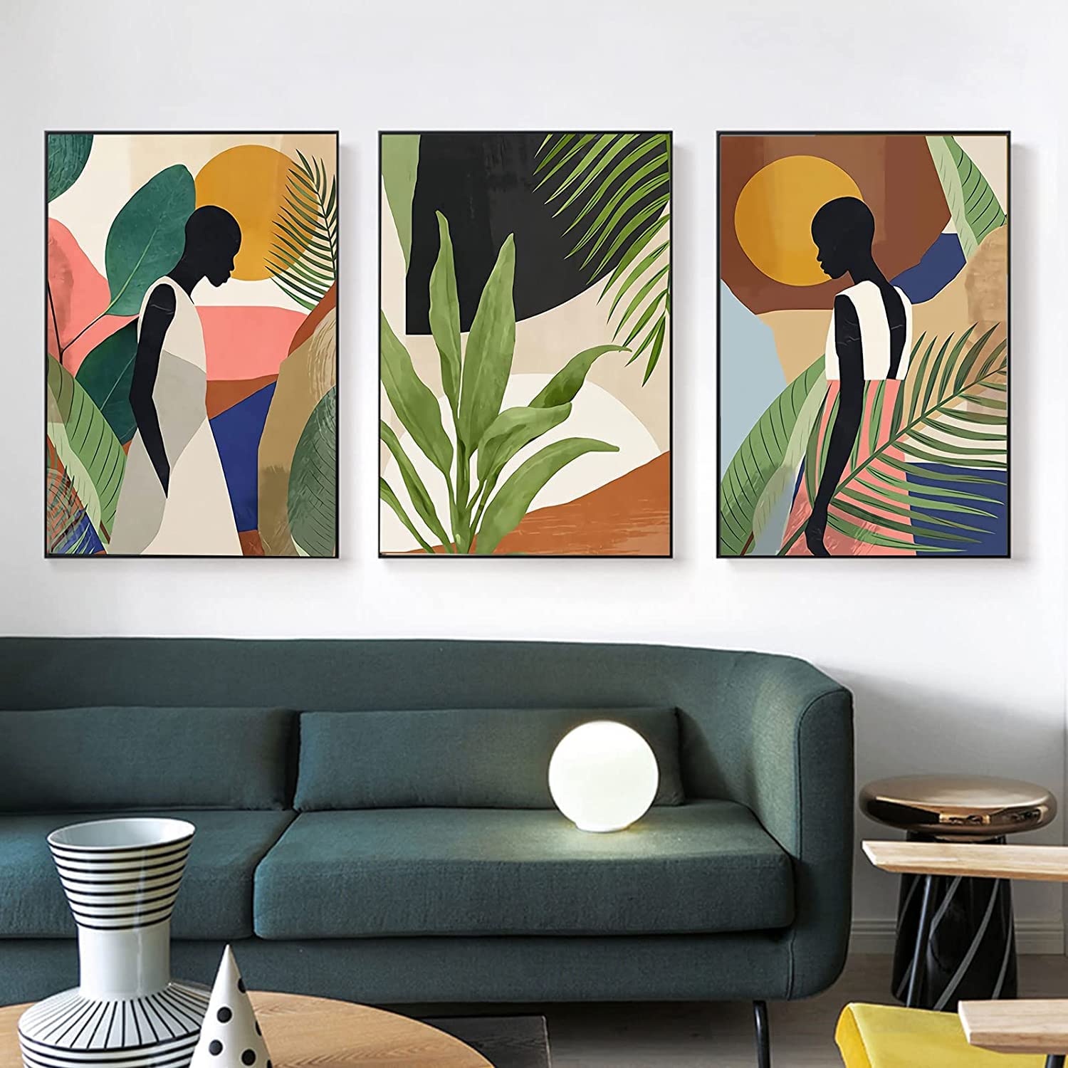 Abstract African American Wall Art Canvas Painting - Set of 3 Black Woman & Green Plant Prints, Nordic Style Posters for Living Room Decor, Unframed Wall Art - Perfect for Home, Office & Gift Giving