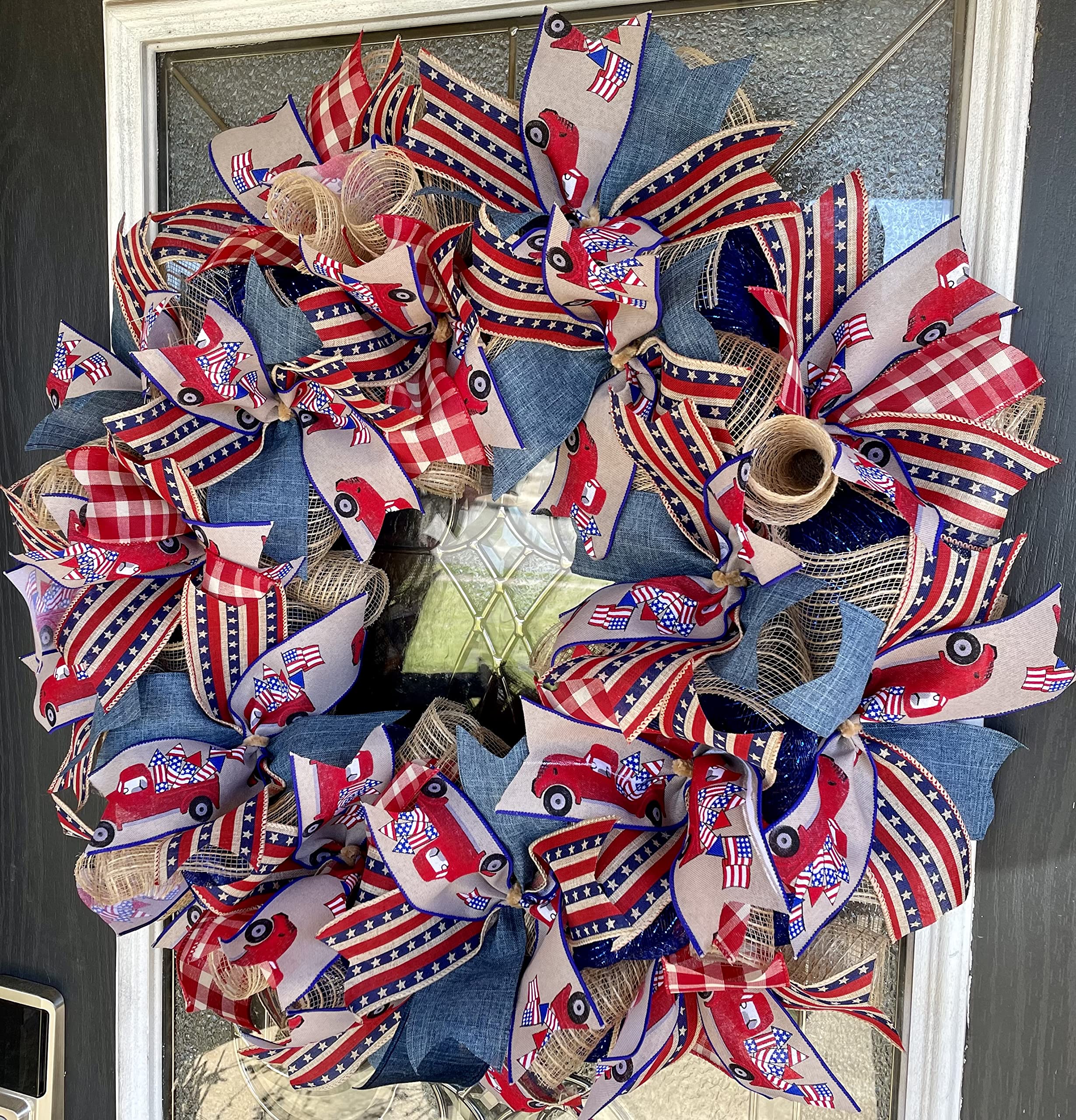 XL Old Country Truck Farmhouse Patriotic Wreath - 4th of July Independence Day Deco Mesh Front Door Decor - Perfect for Birthday, Baby Shower & Wedding - Porch, Patio & Party Decoration for Patriotic Home Celebrations