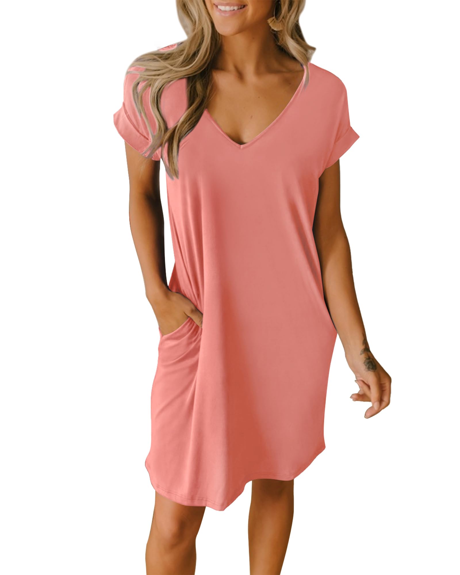 BTFBM Women's V-Neck Short Sleeve Summer Dress 2025 - Casual Loose Tunic T-Shirt Dress with Pockets | Spring Outfits, Beachwear, Lounge Pajamas & Everyday Comfort Wear