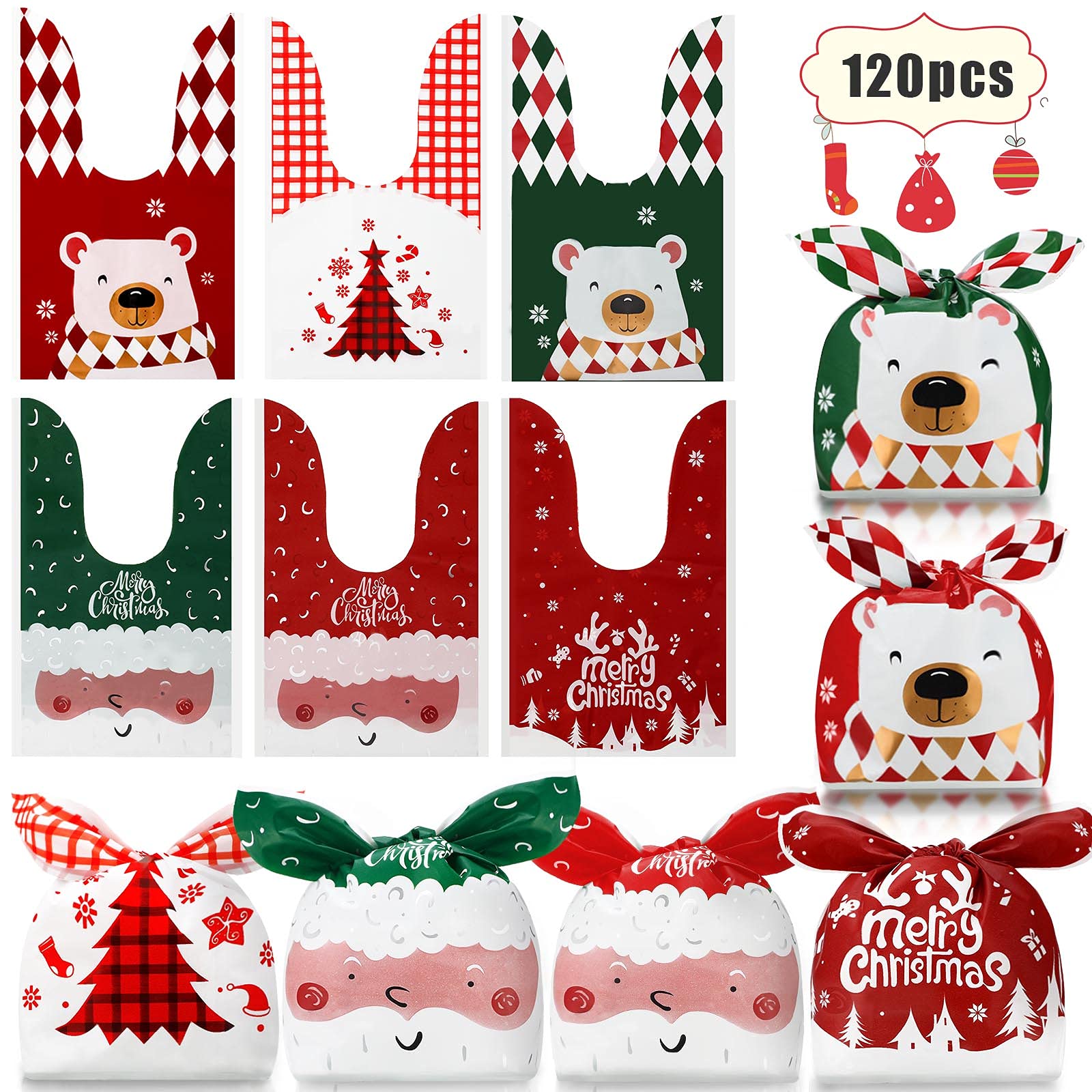 120-Piece Christmas Candy Treat Bags - 6 Cute Holiday Designs for Party Favors, Cookie Wrapping & Gift Bags - Perfect for Xmas Celebrations, Office Parties & Holiday Gatherings