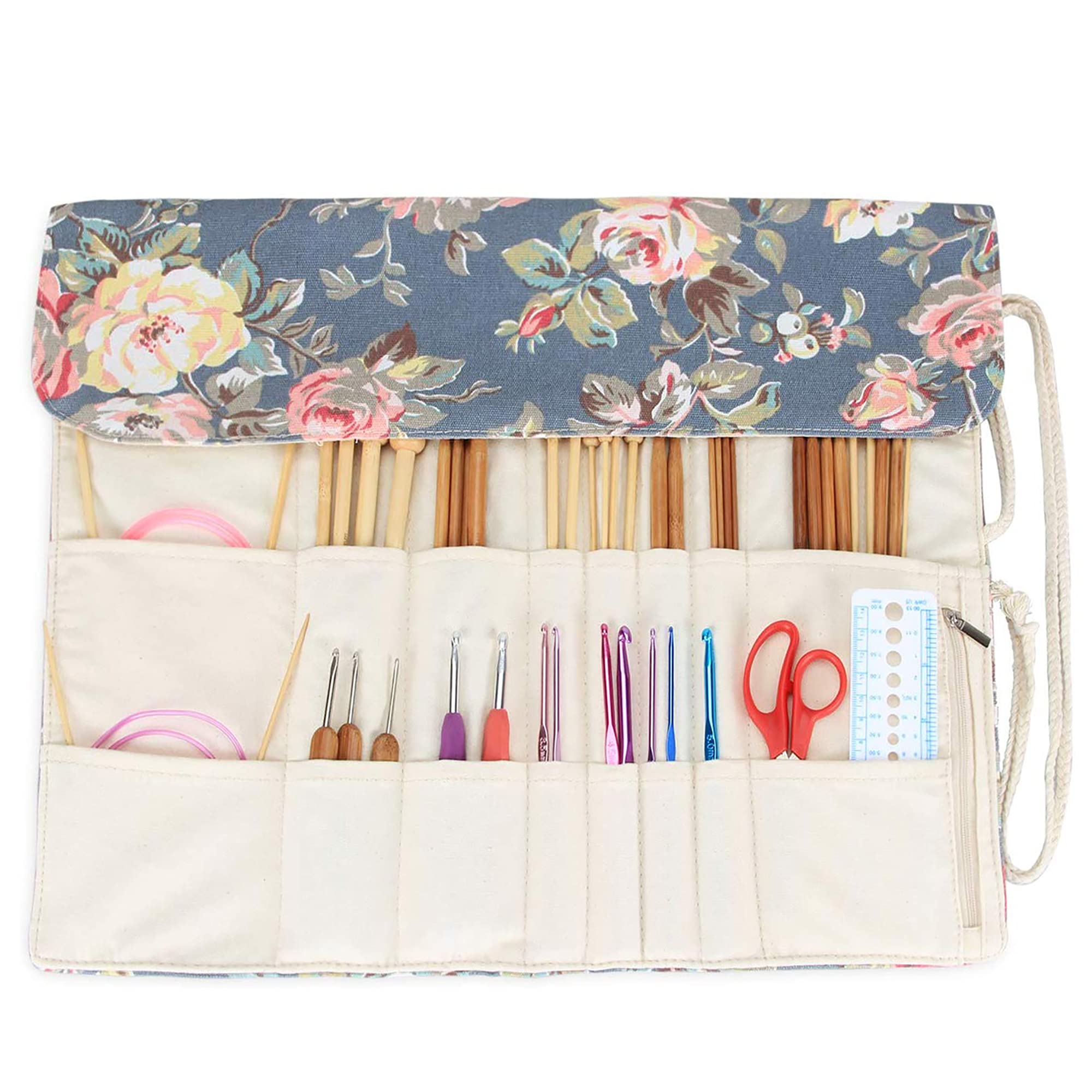 Teamoy Knitting Needles Holder Case (14 Inch) - Rolling Organizer for Straight & Circular Knitting Needles, Crochet Hooks & Accessories - Peony Floral Design - Perfect for Knitting Projects, Travel & Craft Storage (Accessories Not Included)