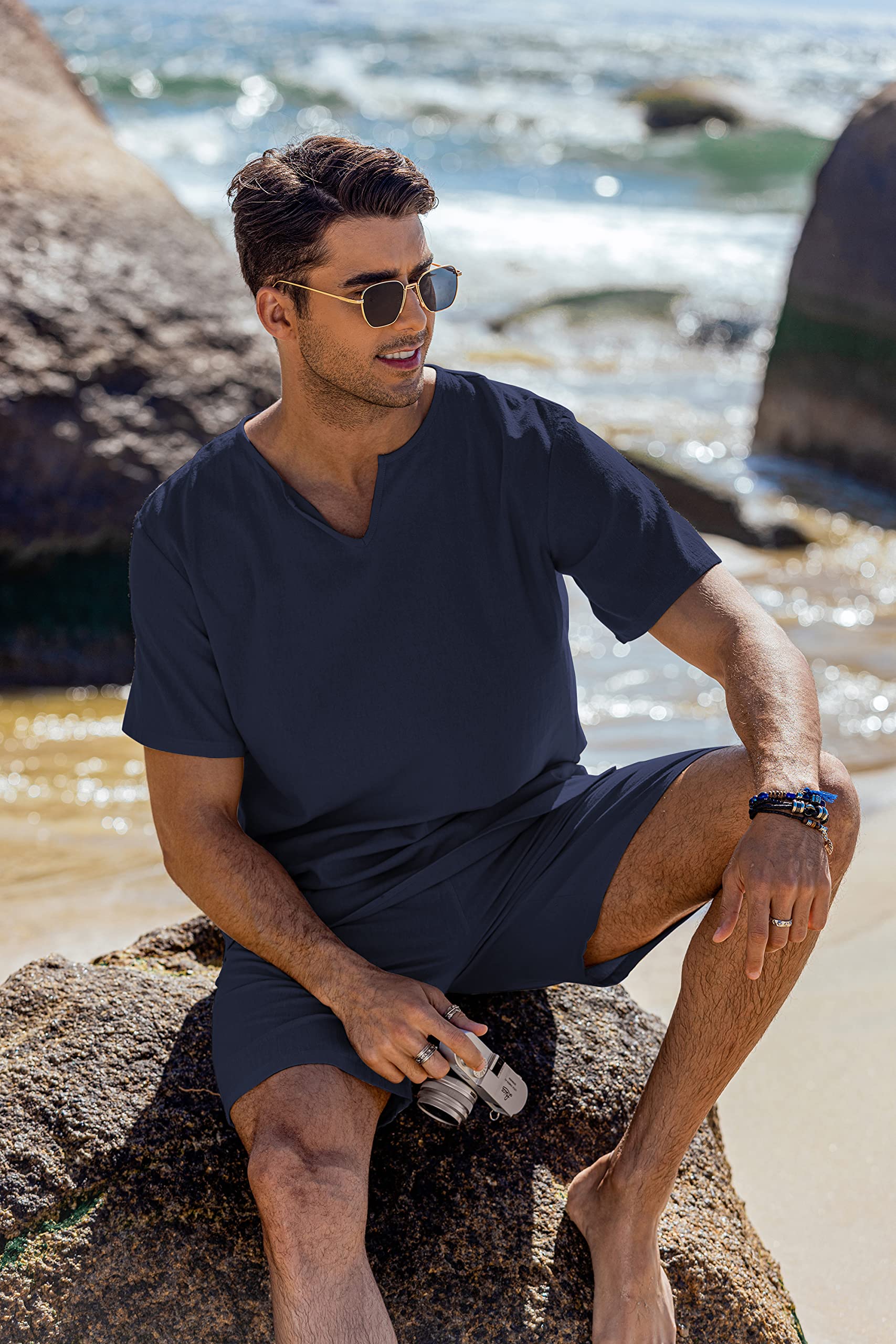 COOFANDY Men's Matching Shirt and Shorts Set - Summer Cotton Linen Lounge Suit | 2-Piece Lightweight Beach Outfit in Navy Blue | Perfect for Casual Wear, Vacation & Outdoor Activities