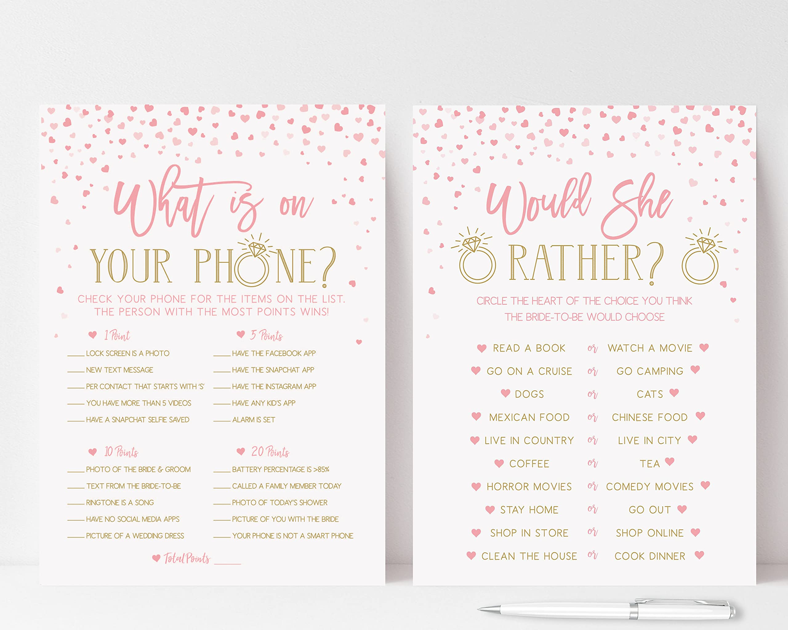 25 Fun Bridal Shower & Bachelorette Party Games Set - Pink & Gold Heart Themed - Includes He Said She Said, Find The Guest, Would She Rather & What's In Your Phone - Double-Sided Printed Cards - Perfect for Wedding Showers, Girls Night & Bachelorette Party Activities