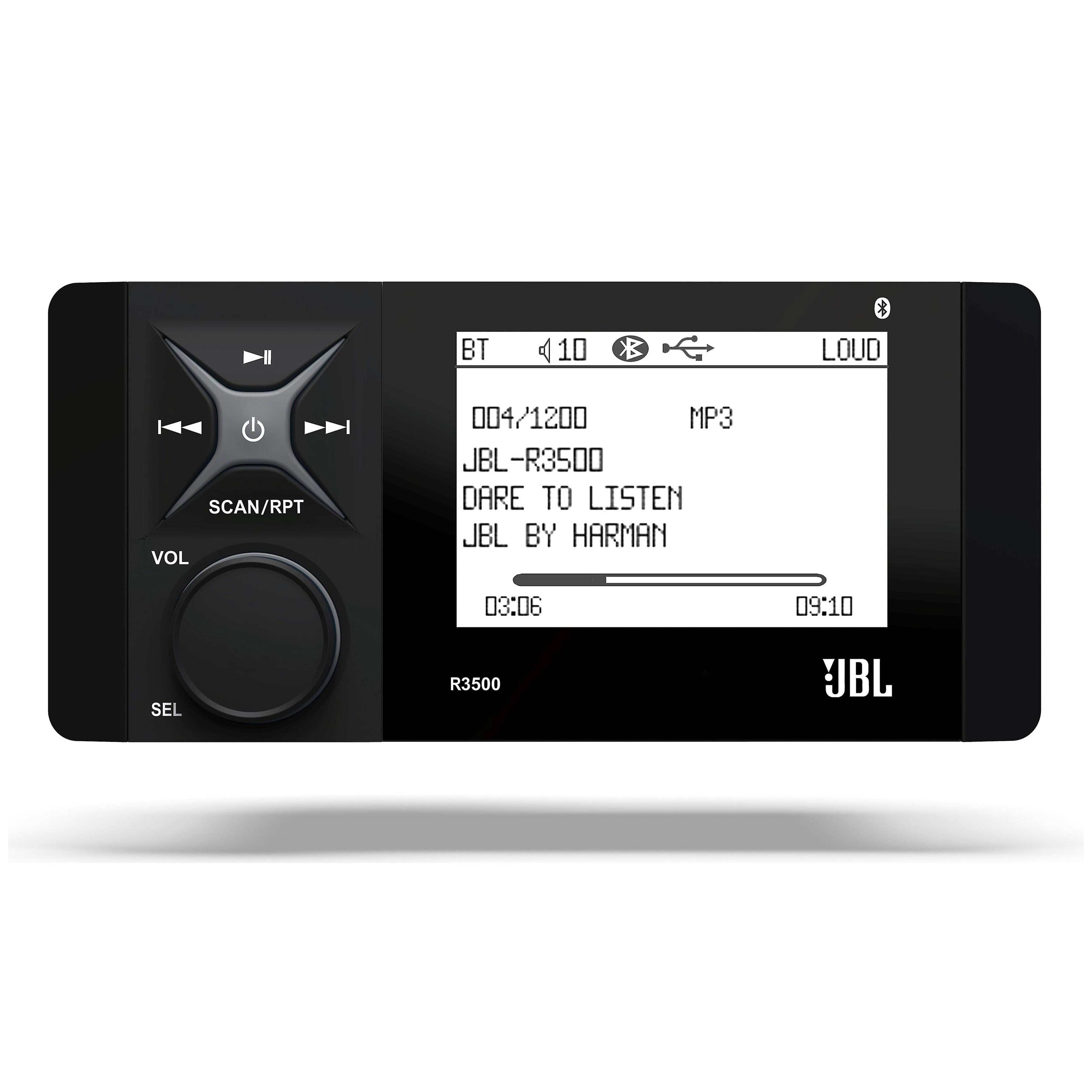 JBL R3500 4-Channel Marine Stereo Receiver with AM/FM Radio, Bluetooth, and Monochrome Display - Perfect for Boats, Yachts, and Watercraft Audio Systems