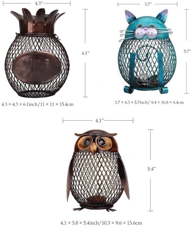 Pineapple & Animal Shaped Piggy Banks for Kids, Boys, Girls & Adults - Vintage Wrought Iron Money Jar with Hollow Coin Slot - Creative Savings Bank for Birthday Gifts, Allowance Tracking & Financial Education (Owl, Cat Designs)