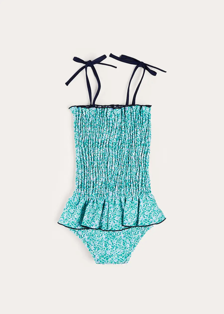 Adelaide Floral Smock Detail Swimsuit for Girls Ages 2-10 Years - Green Summer Beachwear for Pool Parties & Family Vacations
