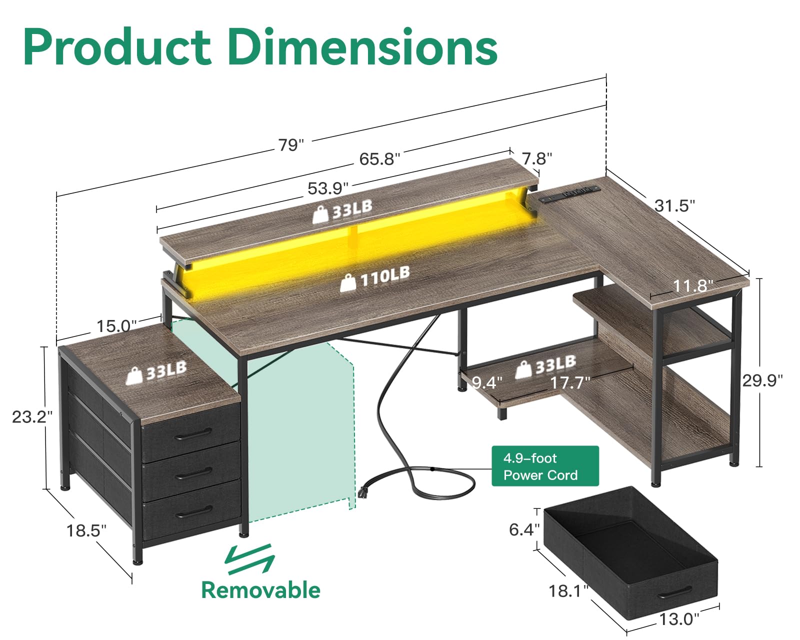 AODK L-Shaped Office Desk with Fabric Drawers - 66