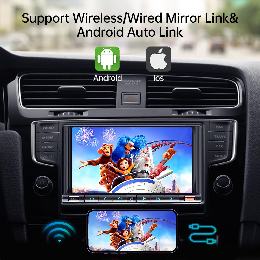 7 Inch Double Din Car Stereo with Wireless CarPlay & Android Auto - HD Touch Screen Bluetooth 5.2, AM/FM, Mirror Link, Backup Camera, Steering Wheel Control, AUX, MIC, DSP - Perfect for Hands-Free Driving & Entertainment in Your Vehicle