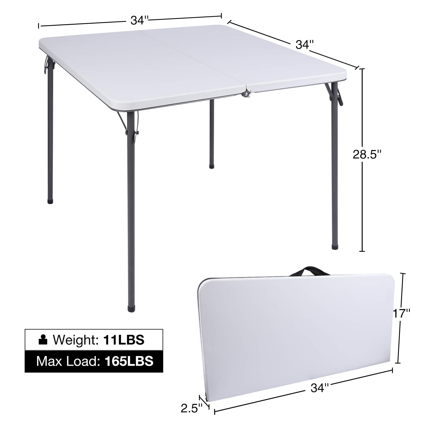 REDCAMP 34 Inch Square Folding Card Table with Durable Resin Top - Portable Half-Fold Design with Collapsible Legs - Perfect for Indoor & Outdoor Game Nights, Parties, Camping and Picnics - White