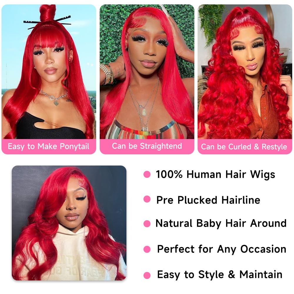 13x4 HD Transparent Lace Front Human Hair Wig - 200% Density Body Wave Red Colored Wig with Pre-Plucked Baby Hair (28 Inch) | Perfect for Cosplay, Halloween, Parties & Daily Fashion Styling