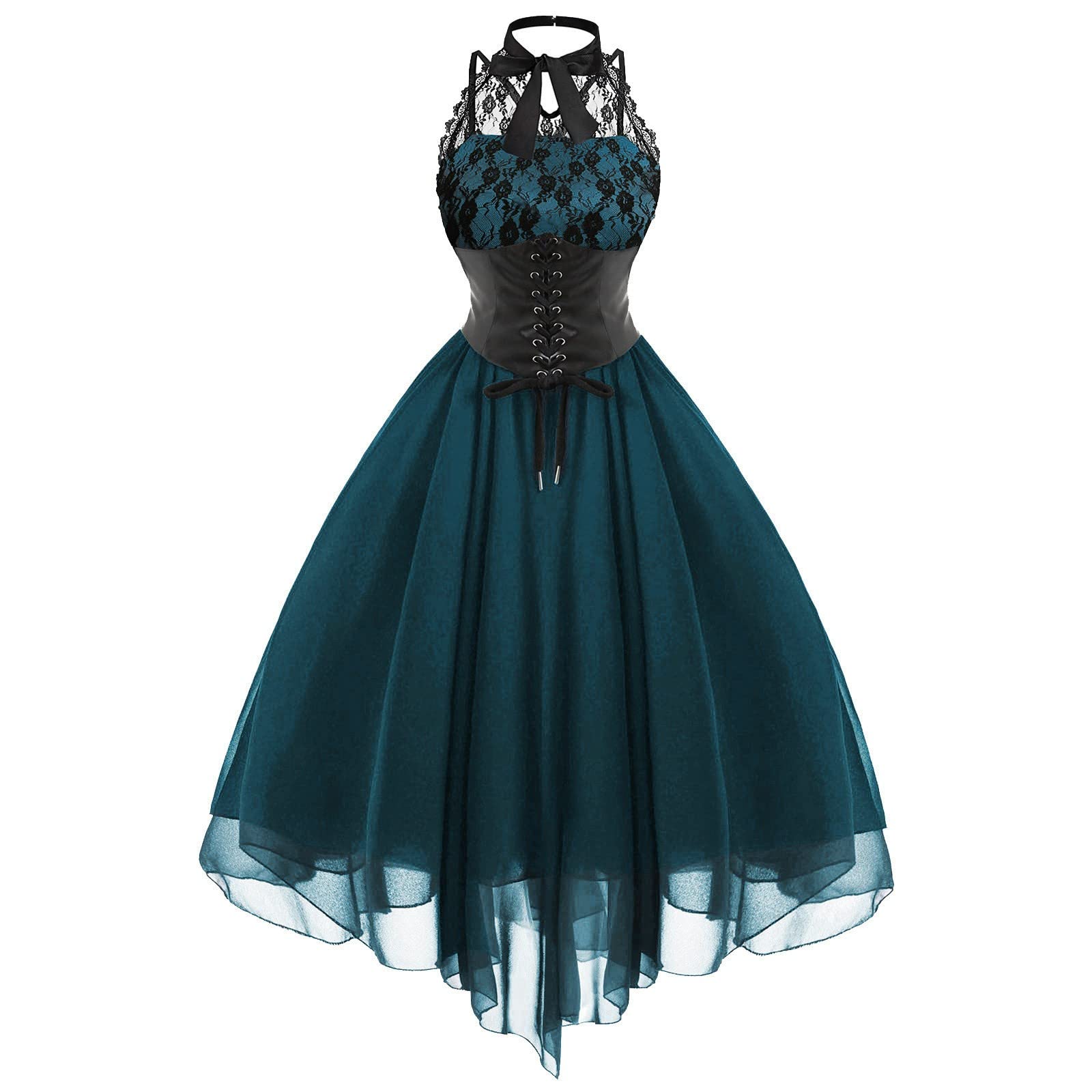 Gothic Black Lace Chiffon Dress for Women - Sleeveless Corset Punk Style Flowy Halloween Costume | Perfect for Gothic Parties, Halloween Events, and Punk Fashion Outfits