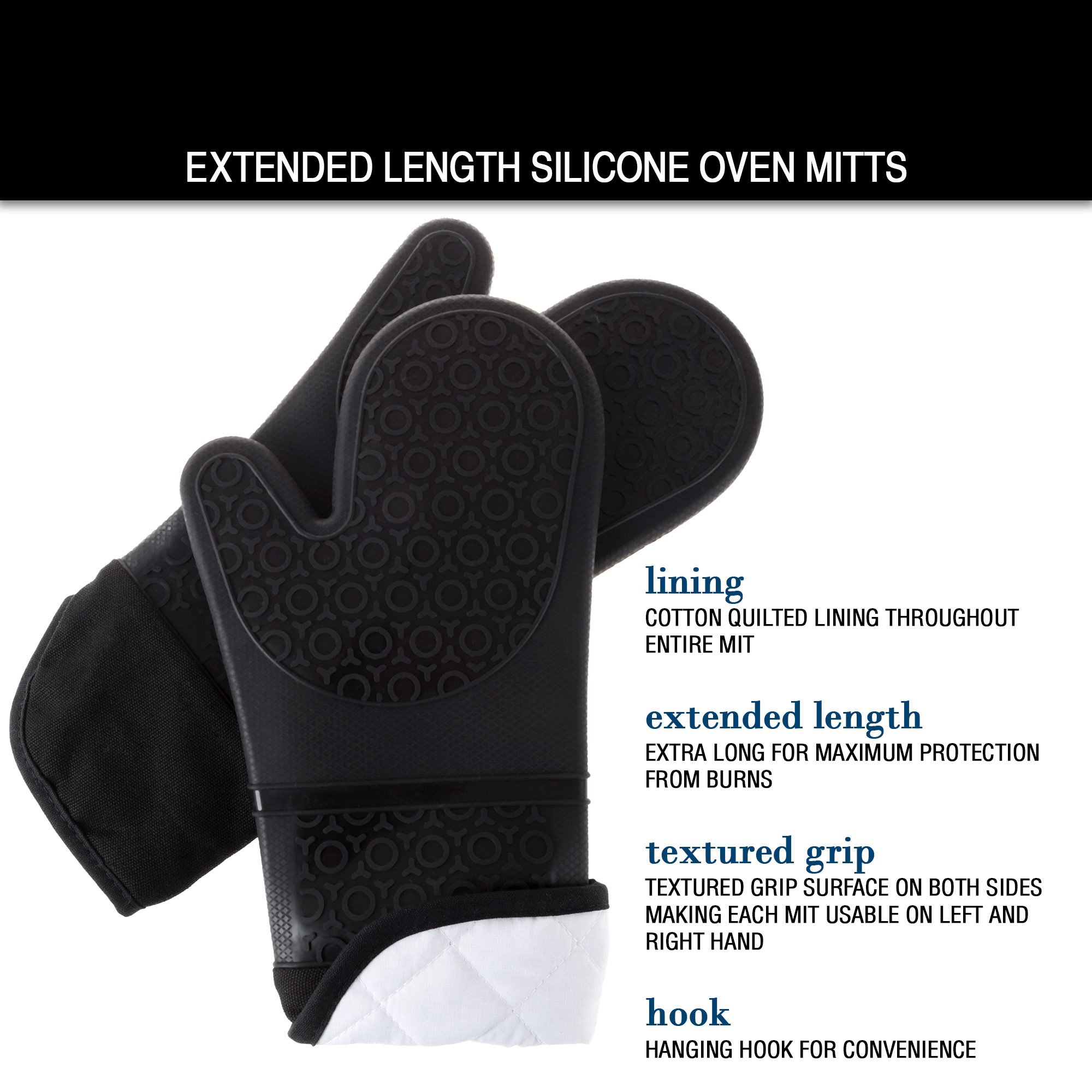 Bedford Home Extra Long Silicone Oven Mitts - Professional Heat Resistant Gloves with Quilted Lining & Non-Slip Grip (1 Pair, Black) - Perfect for Baking, Grilling, and Kitchen Safety