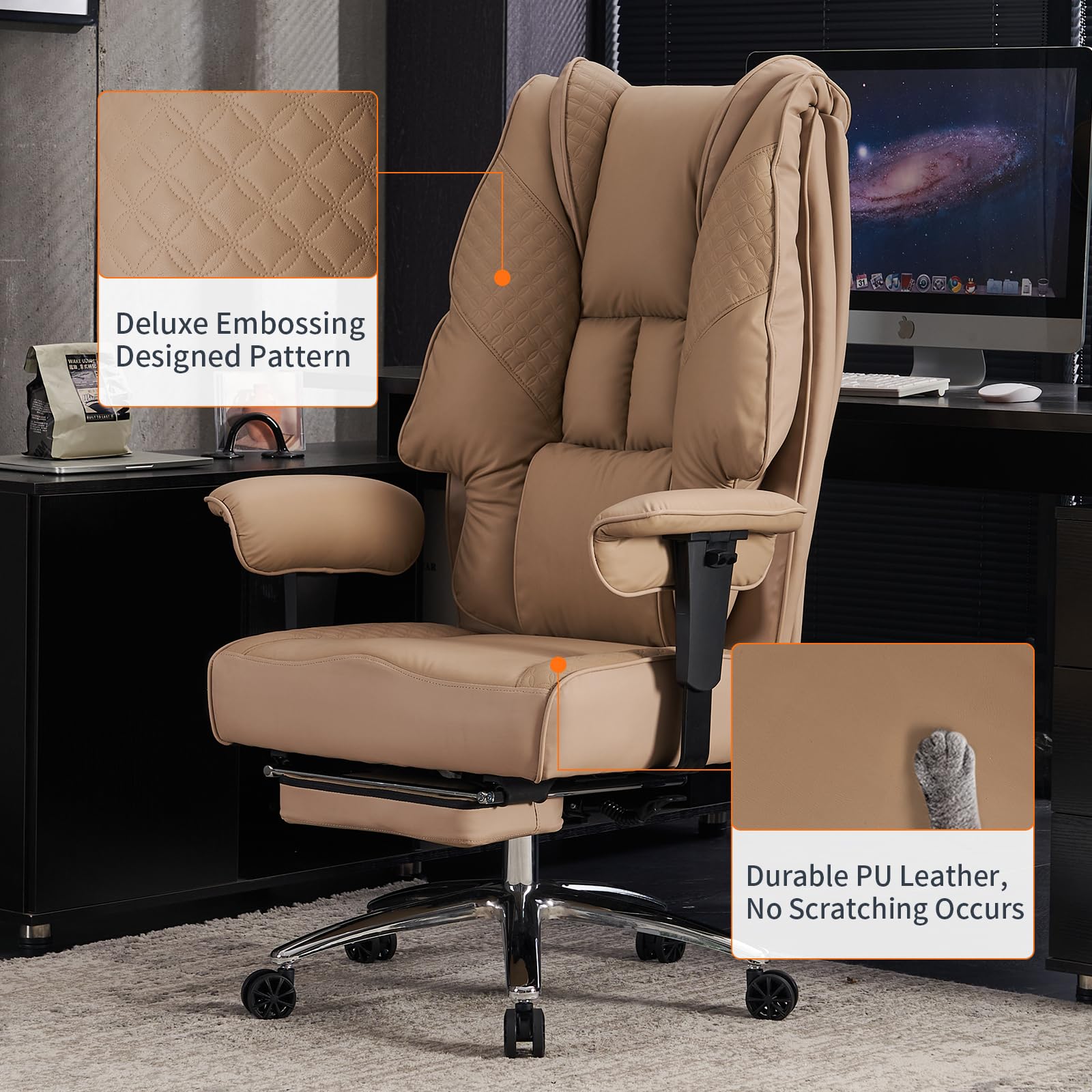 Big and Tall Office Chair for Heavy People Up to 400lbs - Wide Seat Leather Executive Chair with Adjustable Lumbar Support & Footrest - Ergonomic High Back Desk Chair for Back Pain Relief (Brown) - Perfect for Home Office, Gaming, and Long Work Sessions