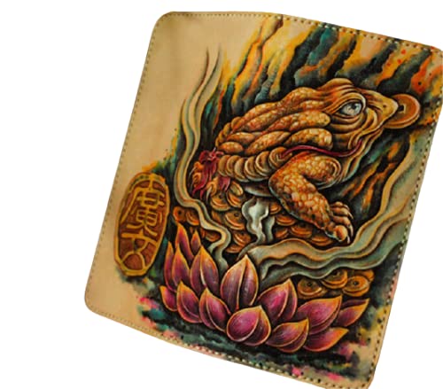 Handmade 3D Genuine Leather Biker Wallet for Men - Custom Engraved & Hand-Painted Long Leather Wallet with Golden Toad Design - Perfect for Motorcycle Riders, Gift Giving & Everyday Use