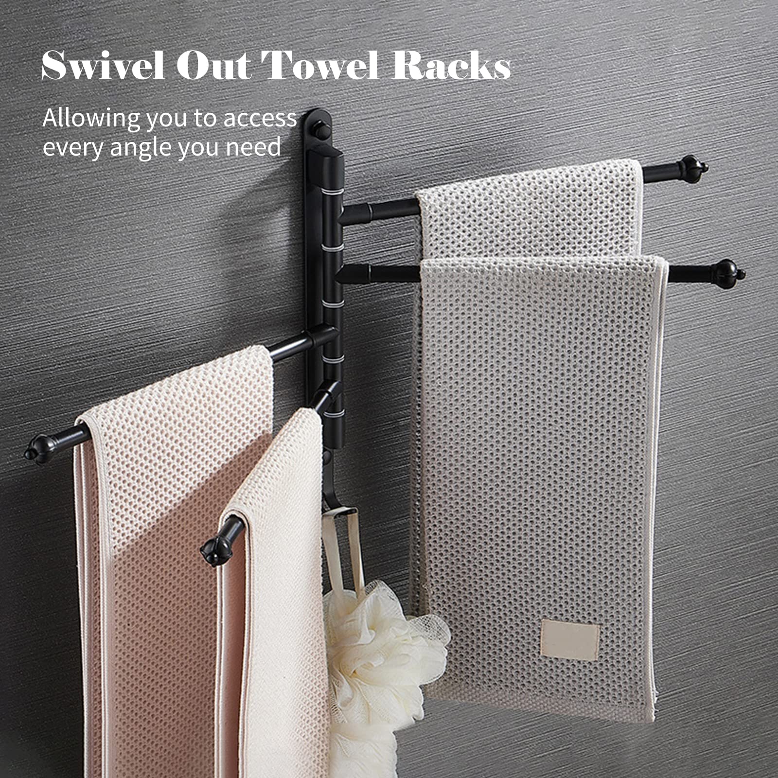 Matybobe 5-Bar Swivel Wall Mounted Towel Rack with Foldable Arms & Hooks - Aluminum Bathroom & Kitchen Towel Holder Organizer - Perfect for Small Spaces, Apartments, and Laundry Rooms
