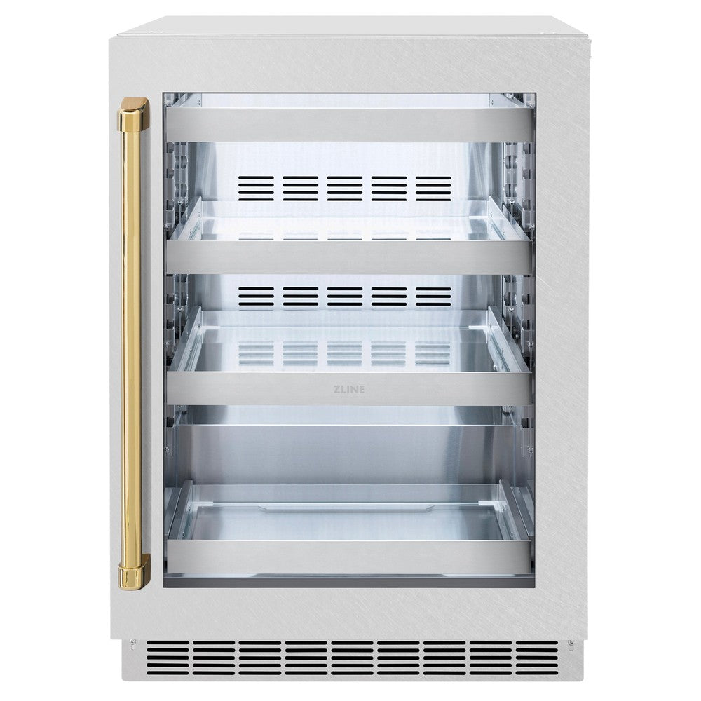 ZLINE Autograph Edition 24 Inch Touchstone 151 Beverage Refrigerator - Stainless Steel Glass Door with Gold Handle - Perfect for Home Bar, Kitchen, or Office - Energy Efficient Drink Cooler for Wine, Beer & Soda (RBSOZ SN 24 G)