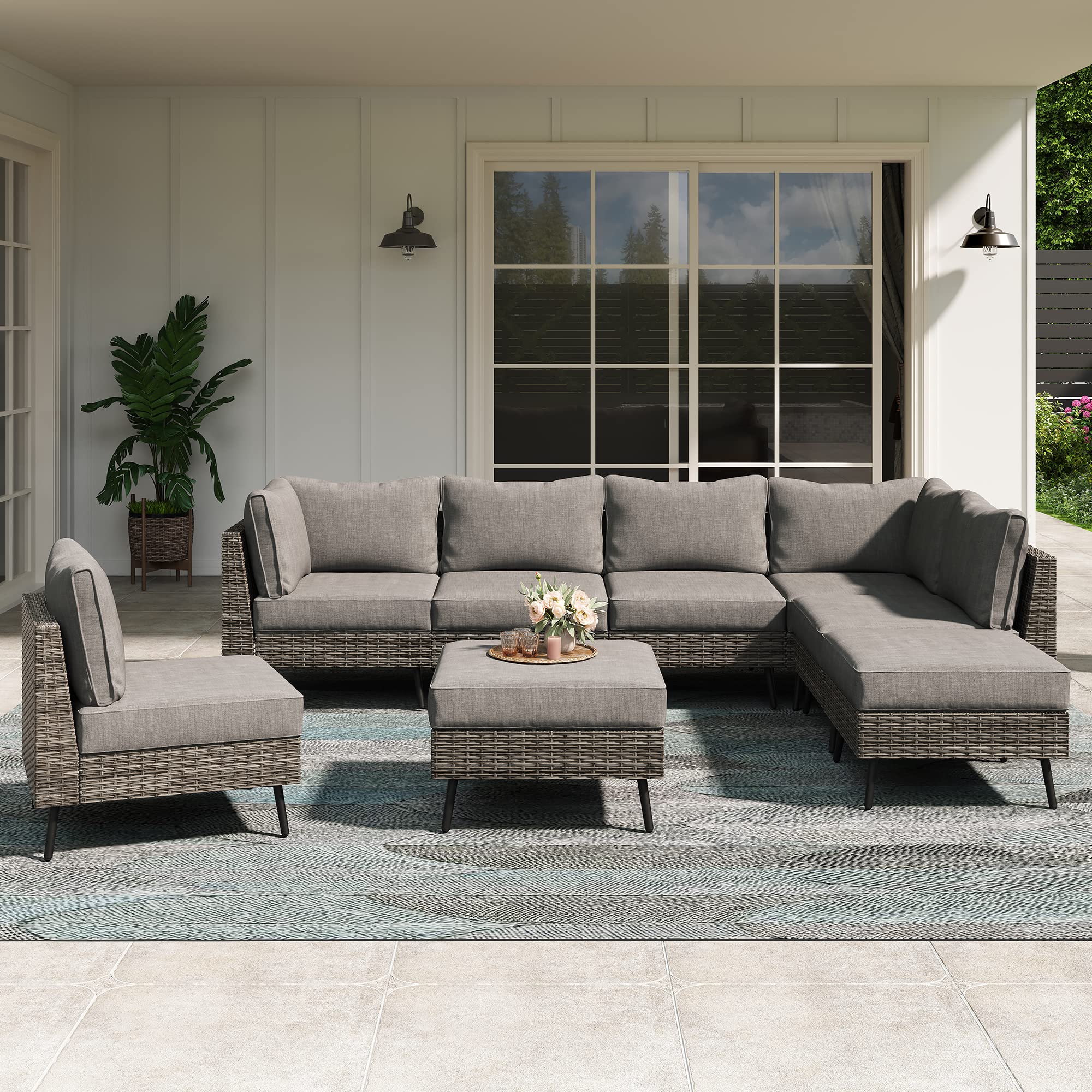LUSAINT HOME 8-Piece Outdoor Sectional Sofa Set - All-Weather PE Rattan Patio Furniture with Thick Cushions, Grey - Perfect for Garden, Poolside, Backyard & Outdoor Entertaining