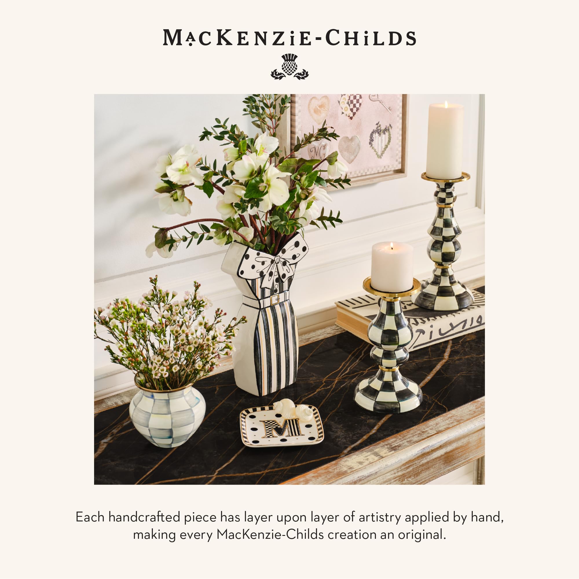 MACKENZIE-CHILDS Sterling Silver Check Enamel Large Vase - Elegant Home Decor for Living Room, Dining Table & Wedding Centerpiece