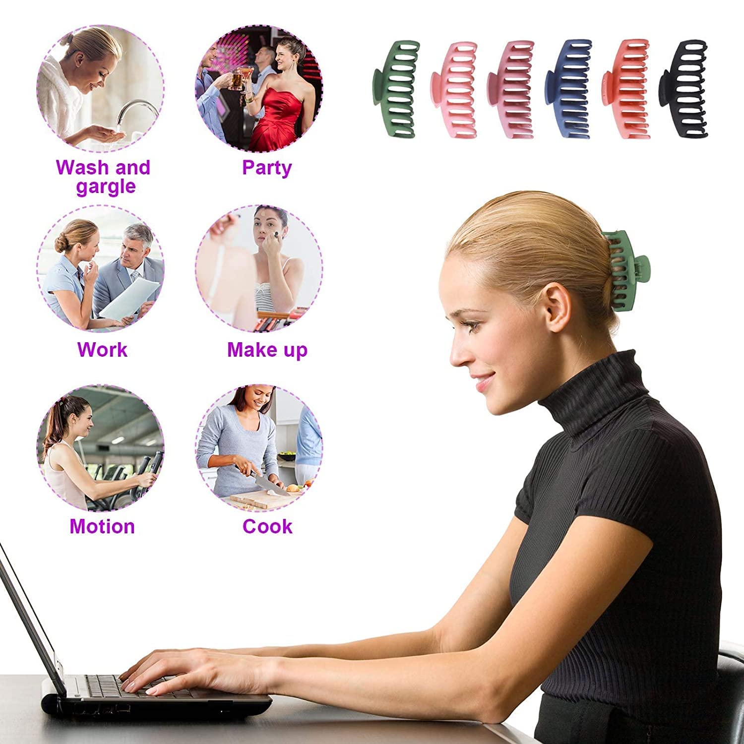 ALIBA COLLECTION 6 Pack Large Hair Claw Clips 4.33 Inch - Matte Non-Slip Strong Hold Hair Clips for Women & Girls (Multicolor) - Perfect for Thick Hair, Ponytails, Buns & Everyday Hairstyles