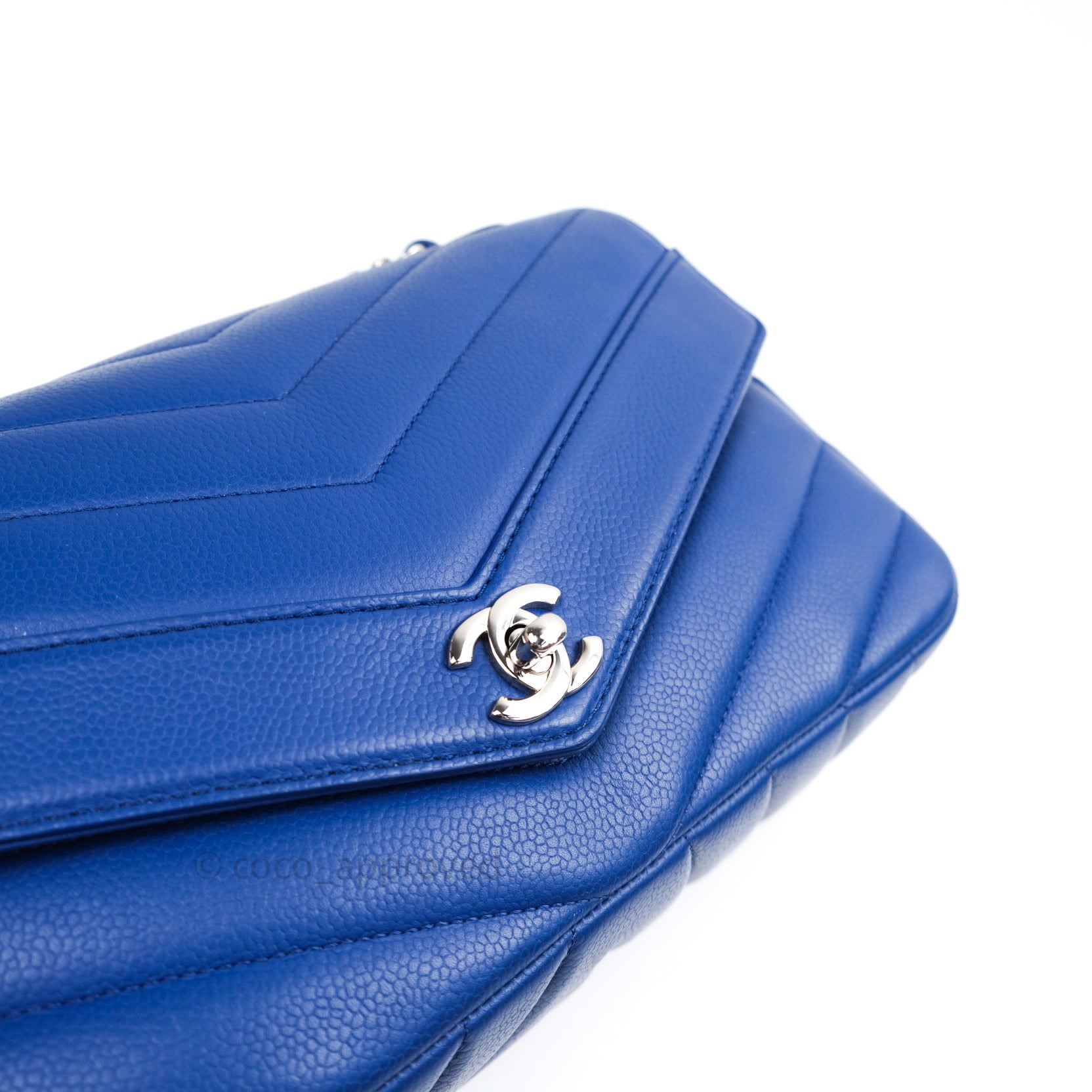 Chanel Chevron Quilted Medium Flap Bag in Blue Grained Calfskin Leather with Silver Hardware - Perfect for Evening Events & Luxury Fashion Accessories
